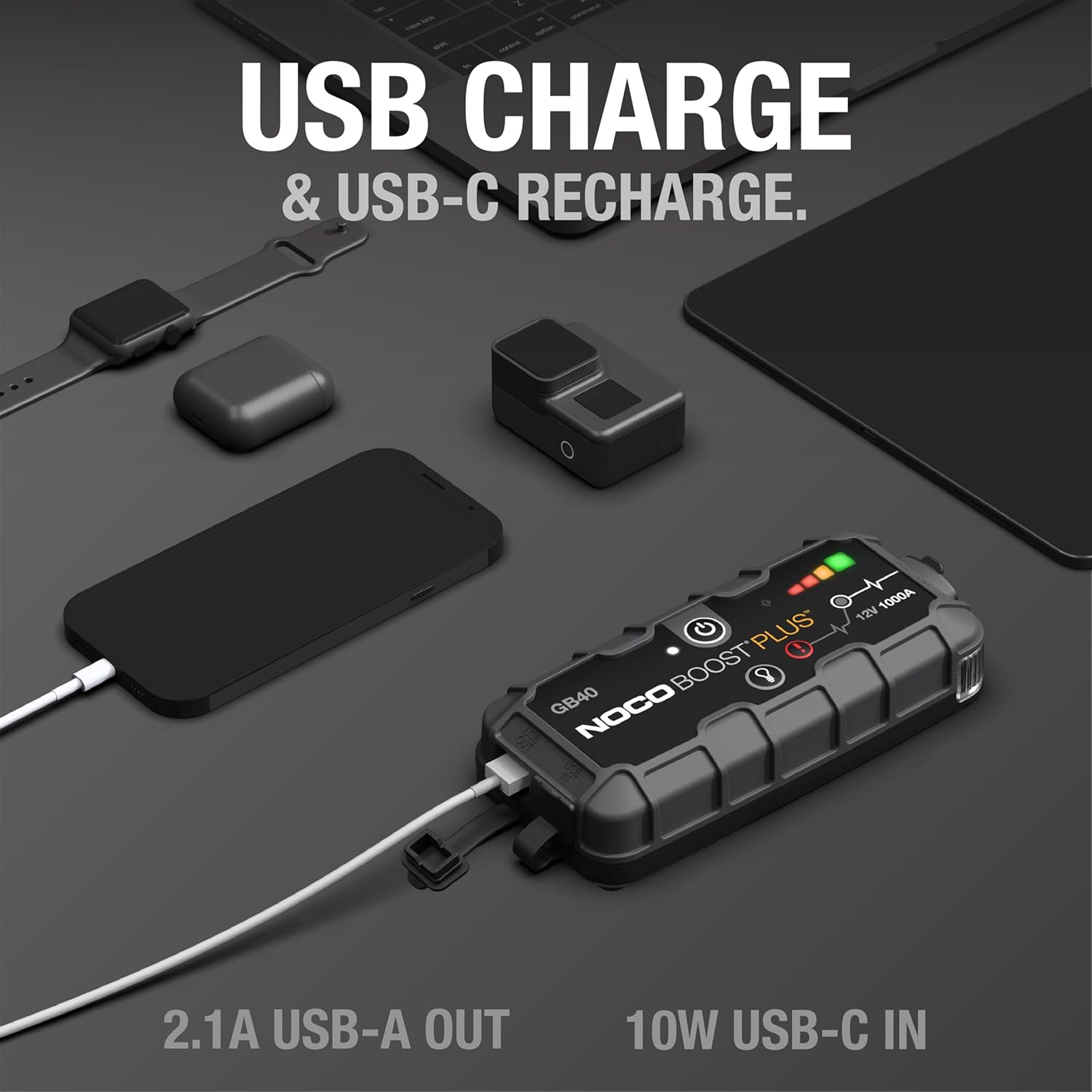 Highlights the product's USB charging feature, emphasizing its ability to charge and recharge various devices via USB-A and USB-C ports.