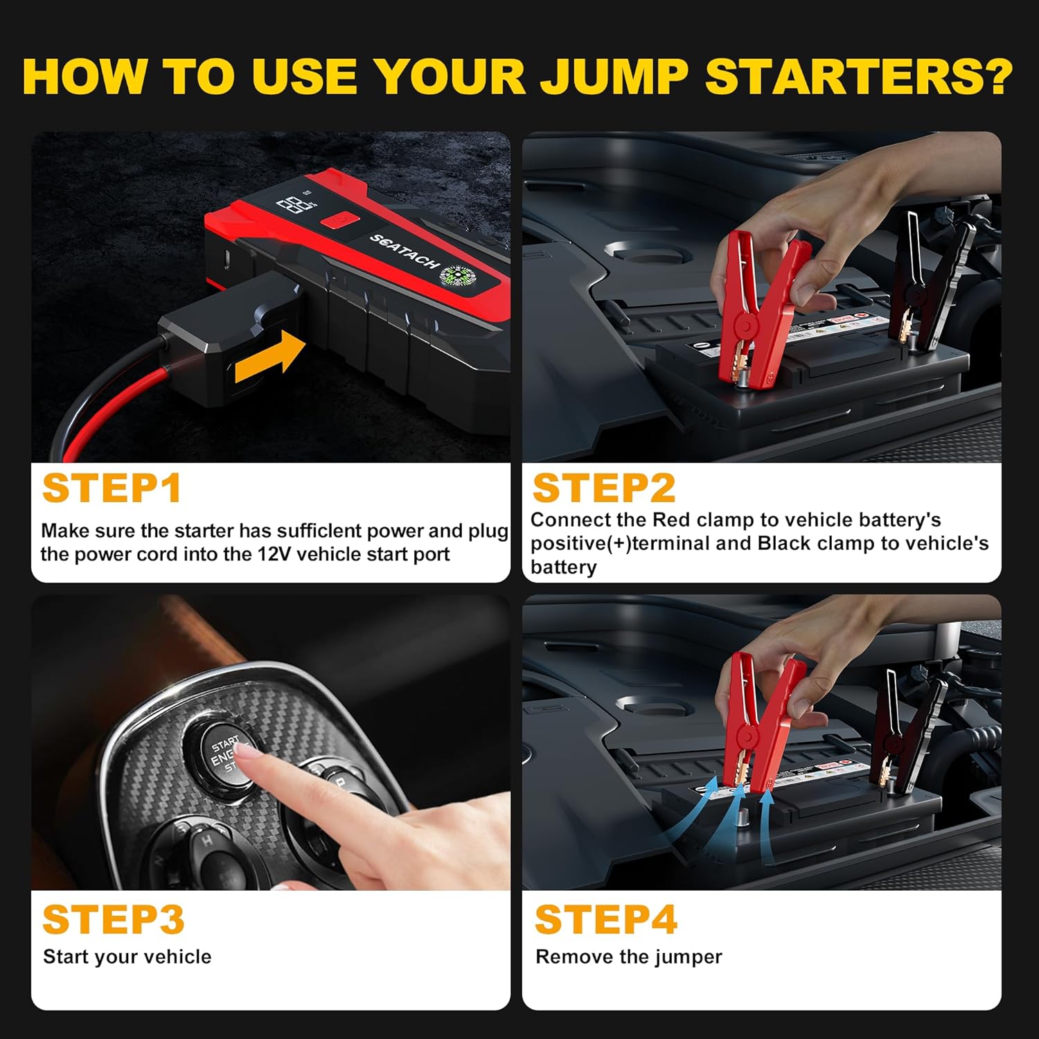 Provides step-by-step instructions on how to properly use jump starters to start a vehicle with a dead battery.