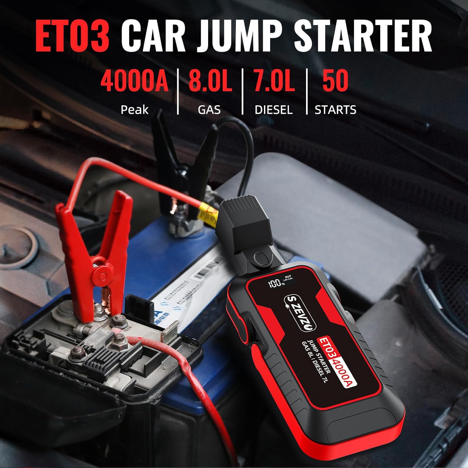 Highlights the key performance metrics of the car jump starter to demonstrate its power and versatility for different vehicle types.