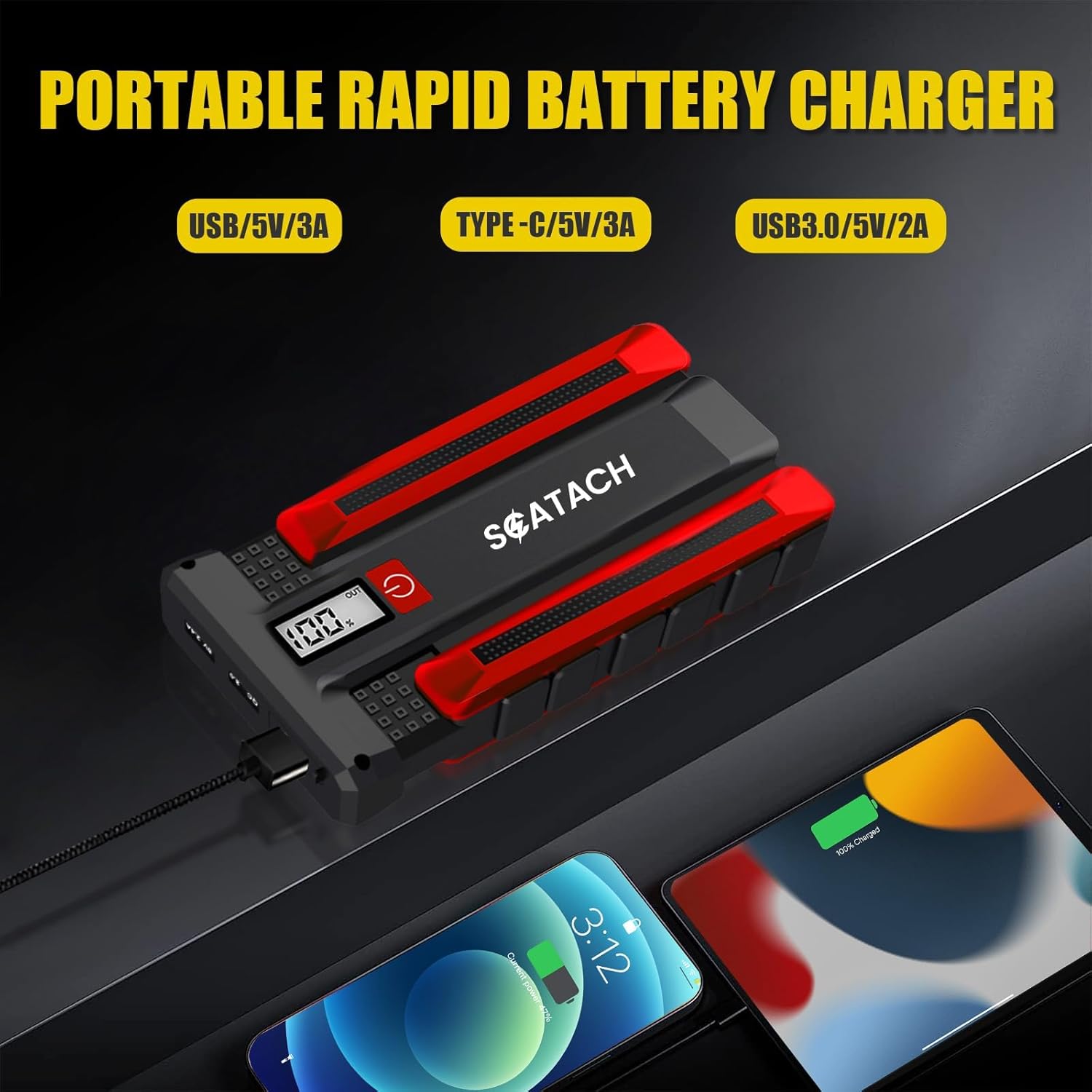 Highlights the product's versatility with multiple charging options and fast charging capabilities for different devices. Shows compatibility with various devices through different USB port types,…