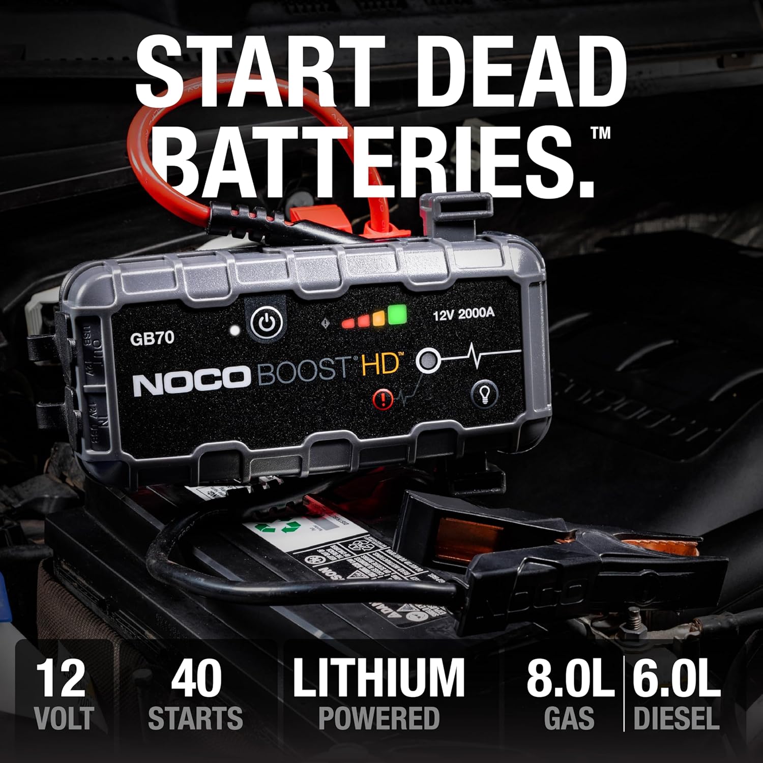 Highlights the product's ability to start dead batteries, emphasizing its power and reliability for vehicle emergencies.
