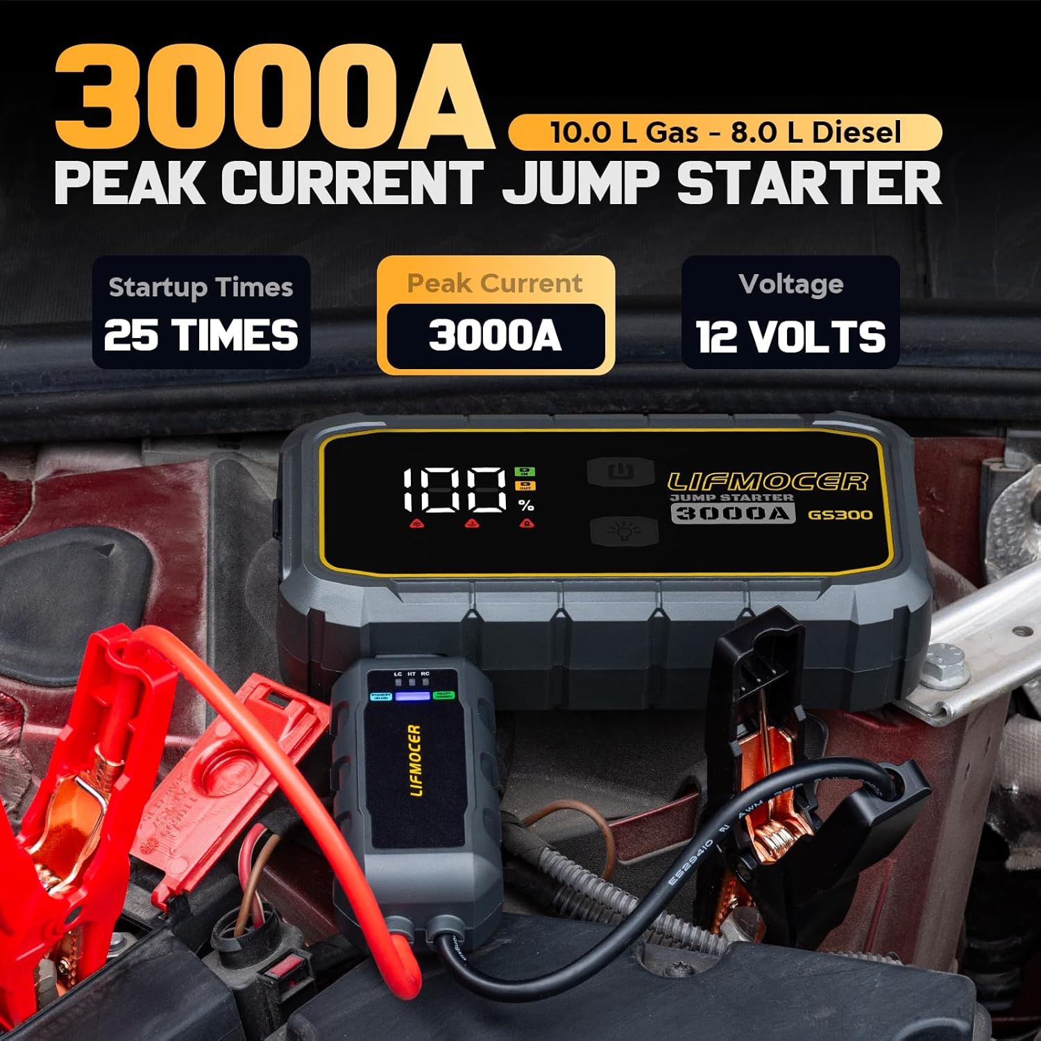 Highlights the key features of the jump starter, including its high peak current, compatibility with different engine types, and multiple startup capabilities.