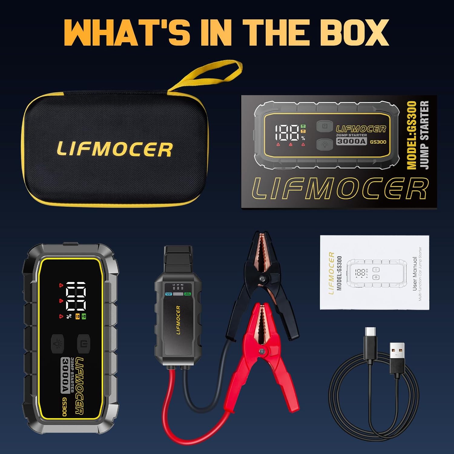 Shows all the items included in the Lifmocer jump starter kit, reassuring customers about the completeness of the package.