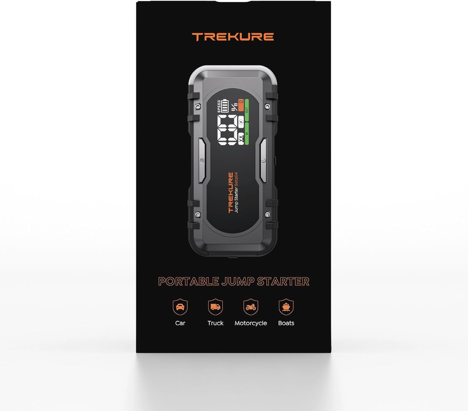 Shows the versatility of the jump starter by highlighting its compatibility with cars, trucks, motorcycles, and boats. Emphasizes the product's portability as a key feature for on-the-go use.