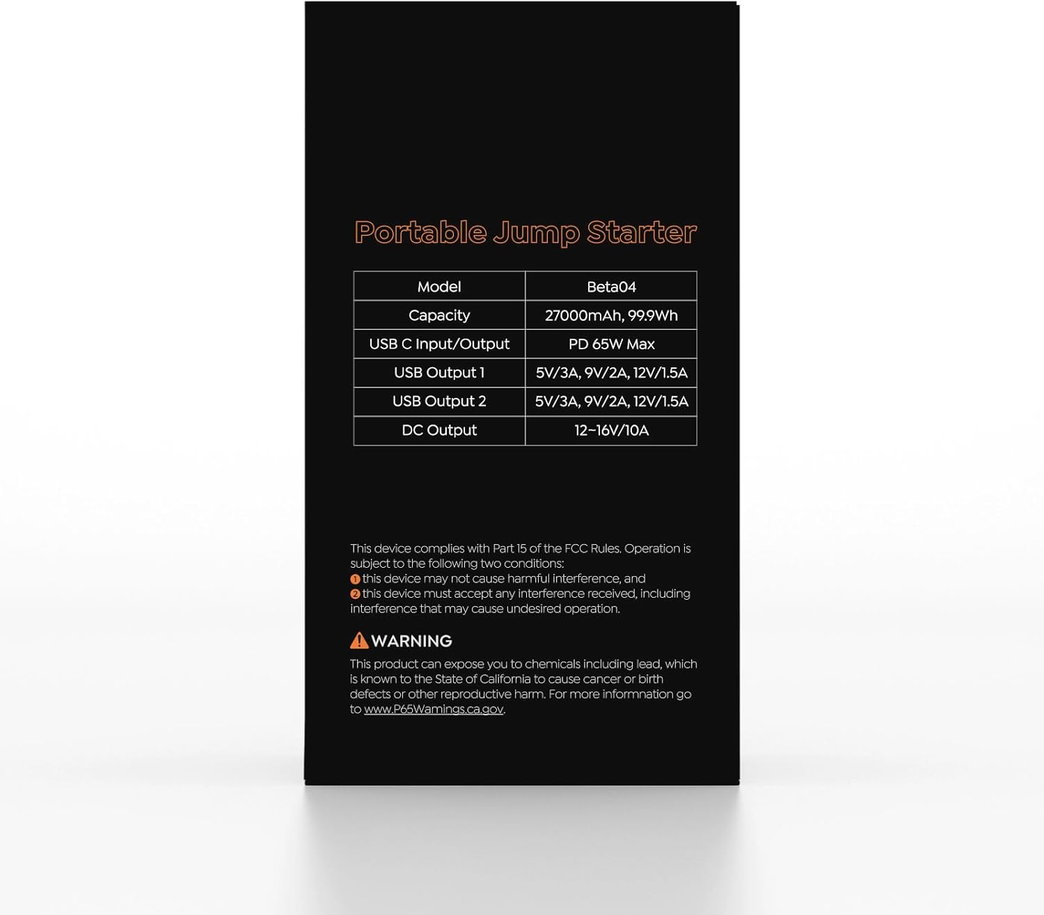 Provides detailed technical specifications of the portable jump starter to inform customers about its capacity and capabilities.