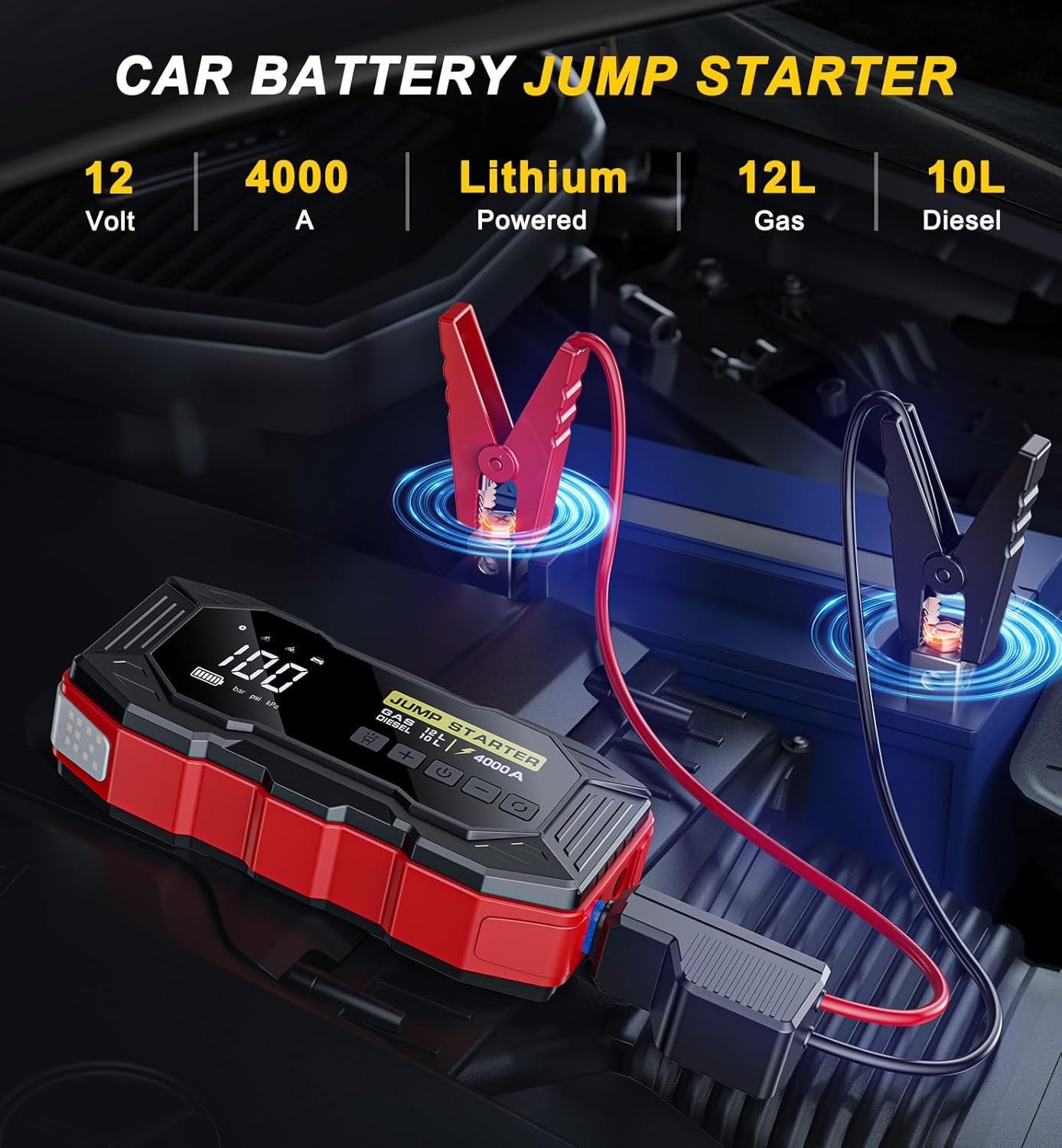 Highlights the key specifications and capabilities of the car battery jump starter to show its versatility and power.