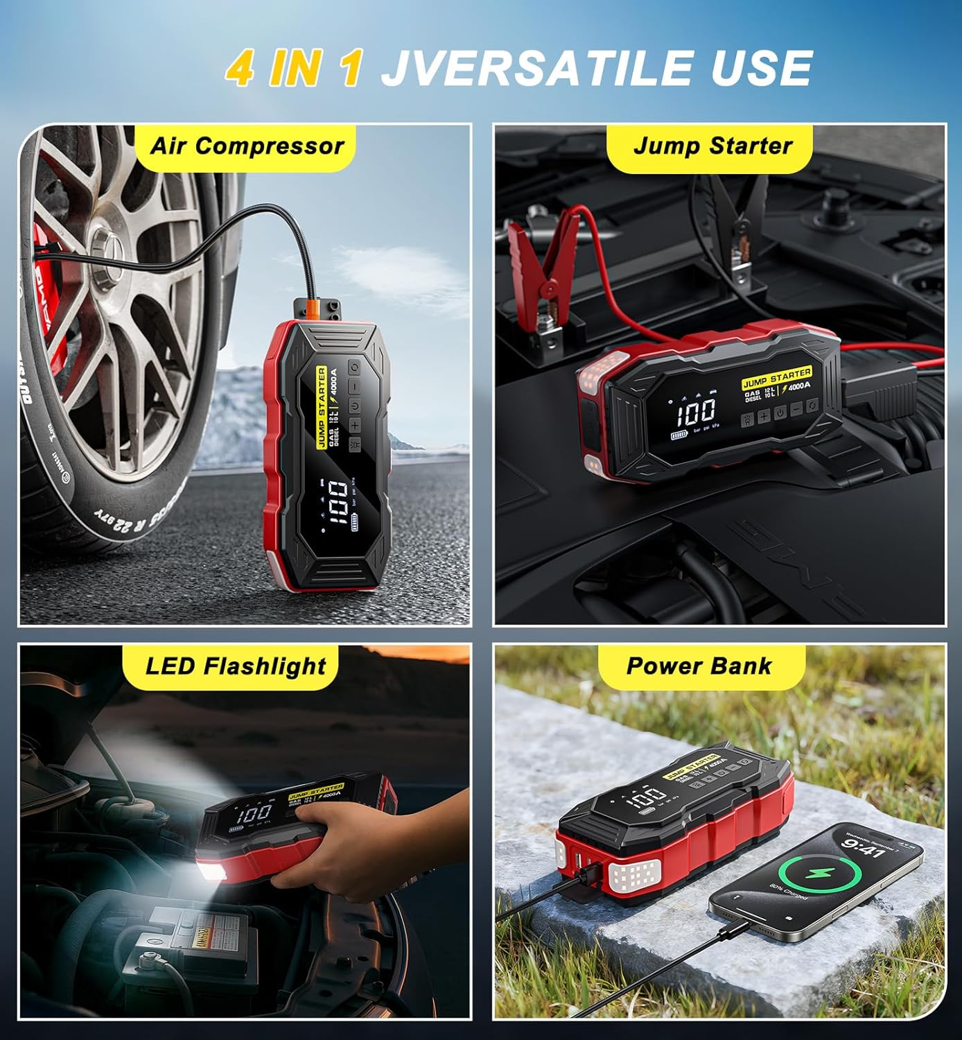 Demonstrates the versatility of the product by showcasing its four main functions, appealing to customers who value multi-purpose tools for various situations.