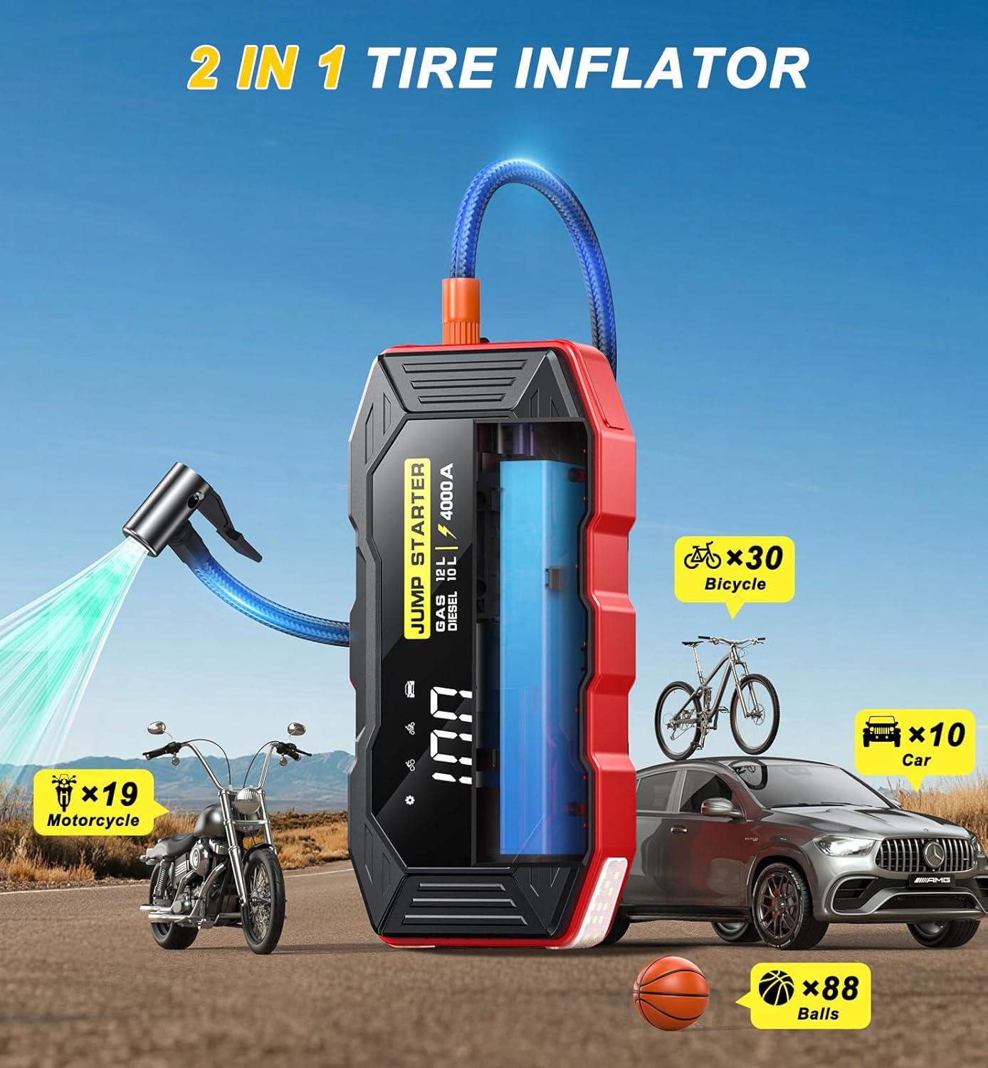 Showcases the product's versatility as both a tire inflator and jump starter, while highlighting its compatibility with various vehicles and inflatables.