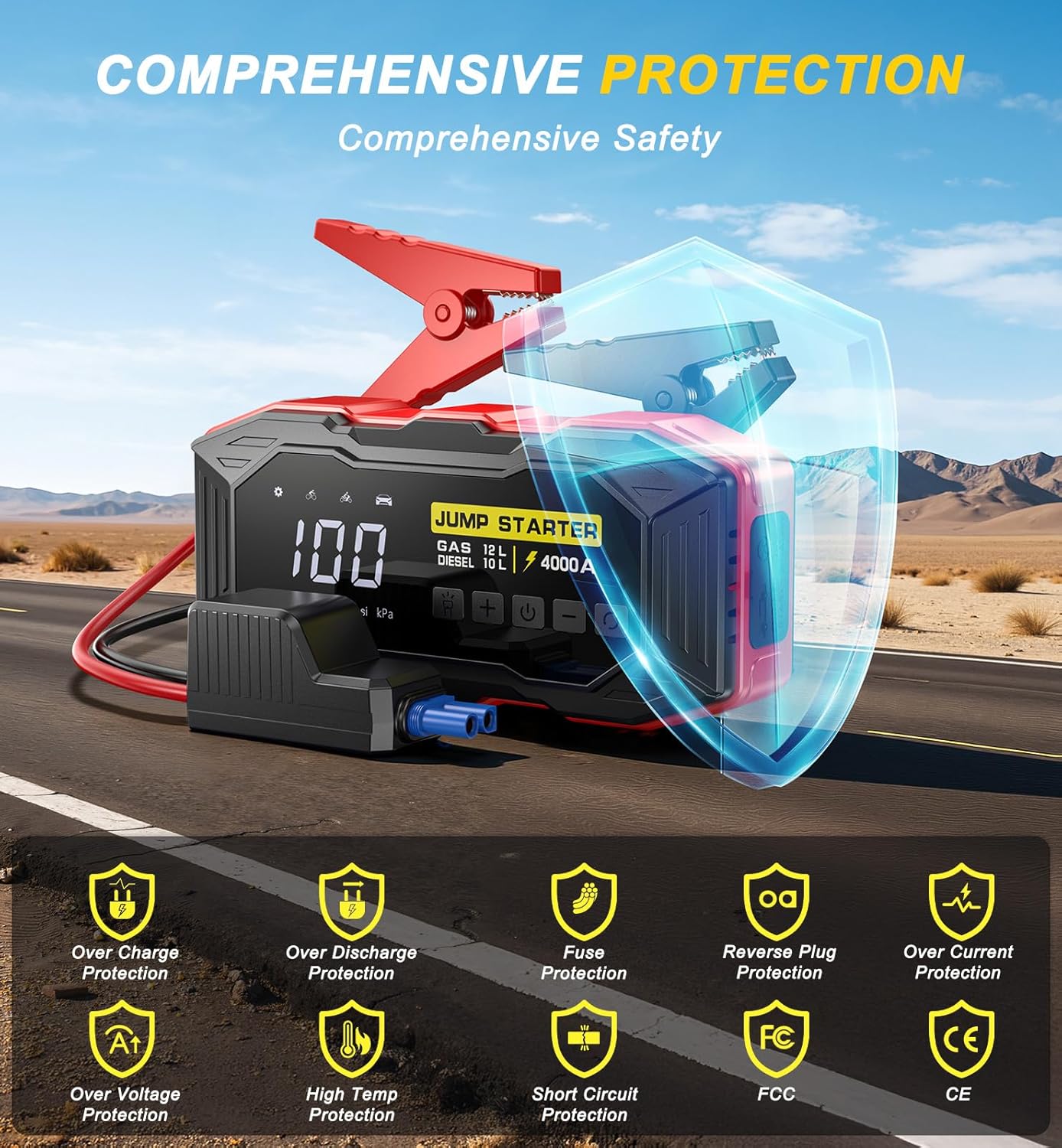Highlights the multiple safety features of the jump starter to reassure customers about its safe operation and reliability. Showcases the product's comprehensive safety features and its primary…