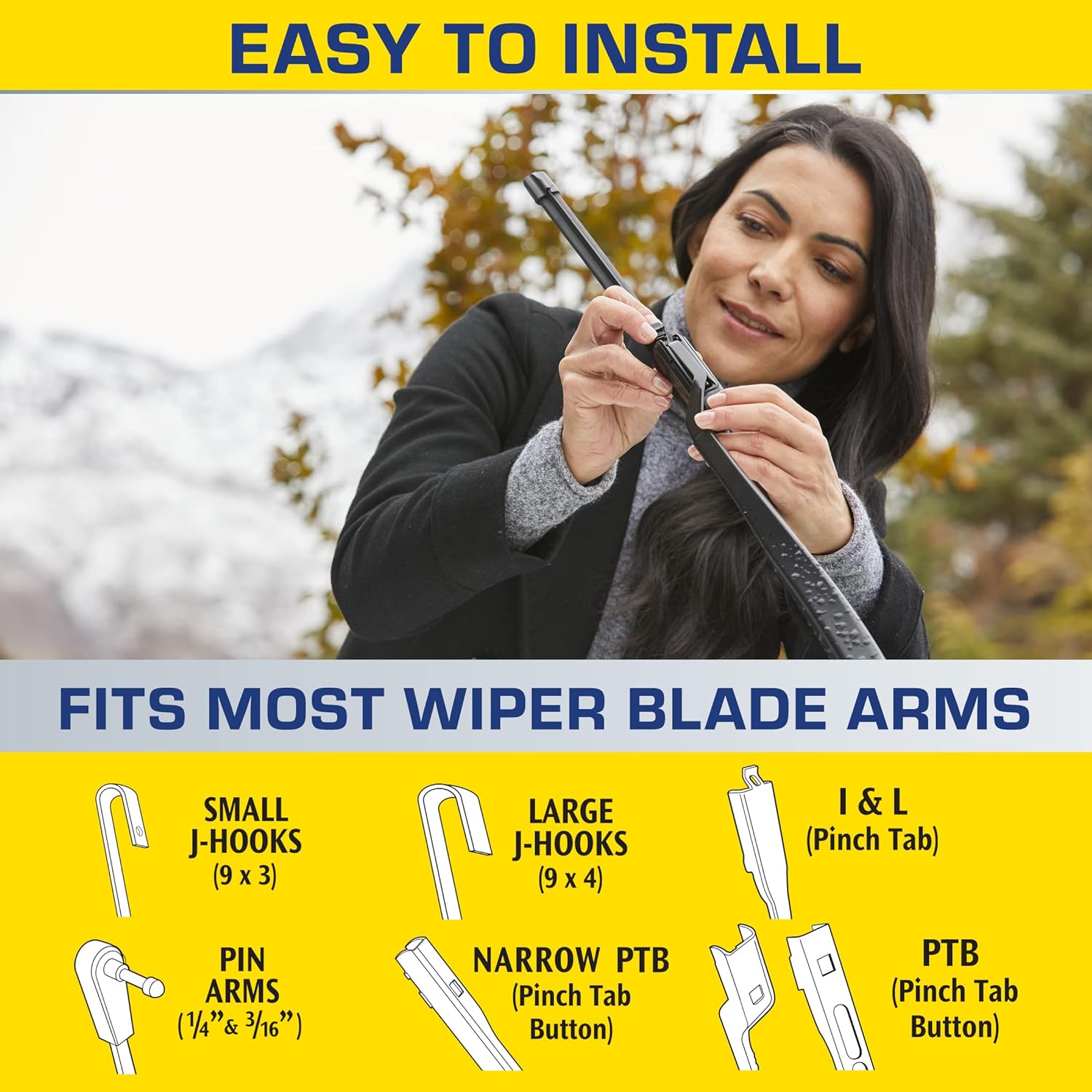 Demonstrates the simplicity of installing the wiper blades and their compatibility with most vehicle models.