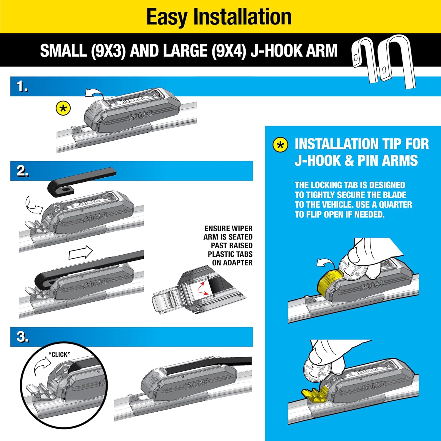 Provides step-by-step instructions for installing the J-hook arm wiper blades, emphasizing the simplicity of the process.