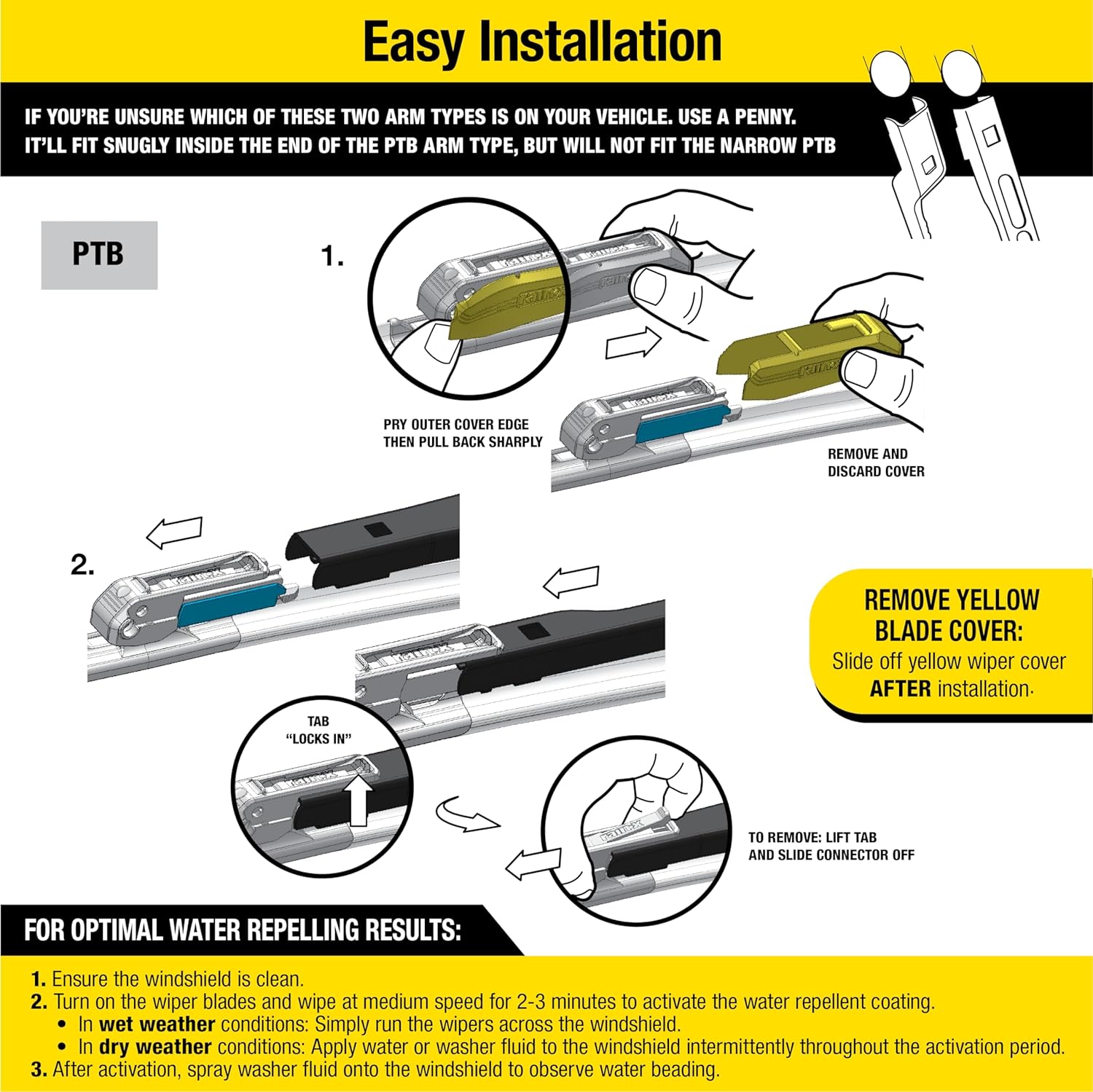 Provides step-by-step instructions for installing the wiper blades and activating their water repelling feature, ensuring proper use and optimal performance.