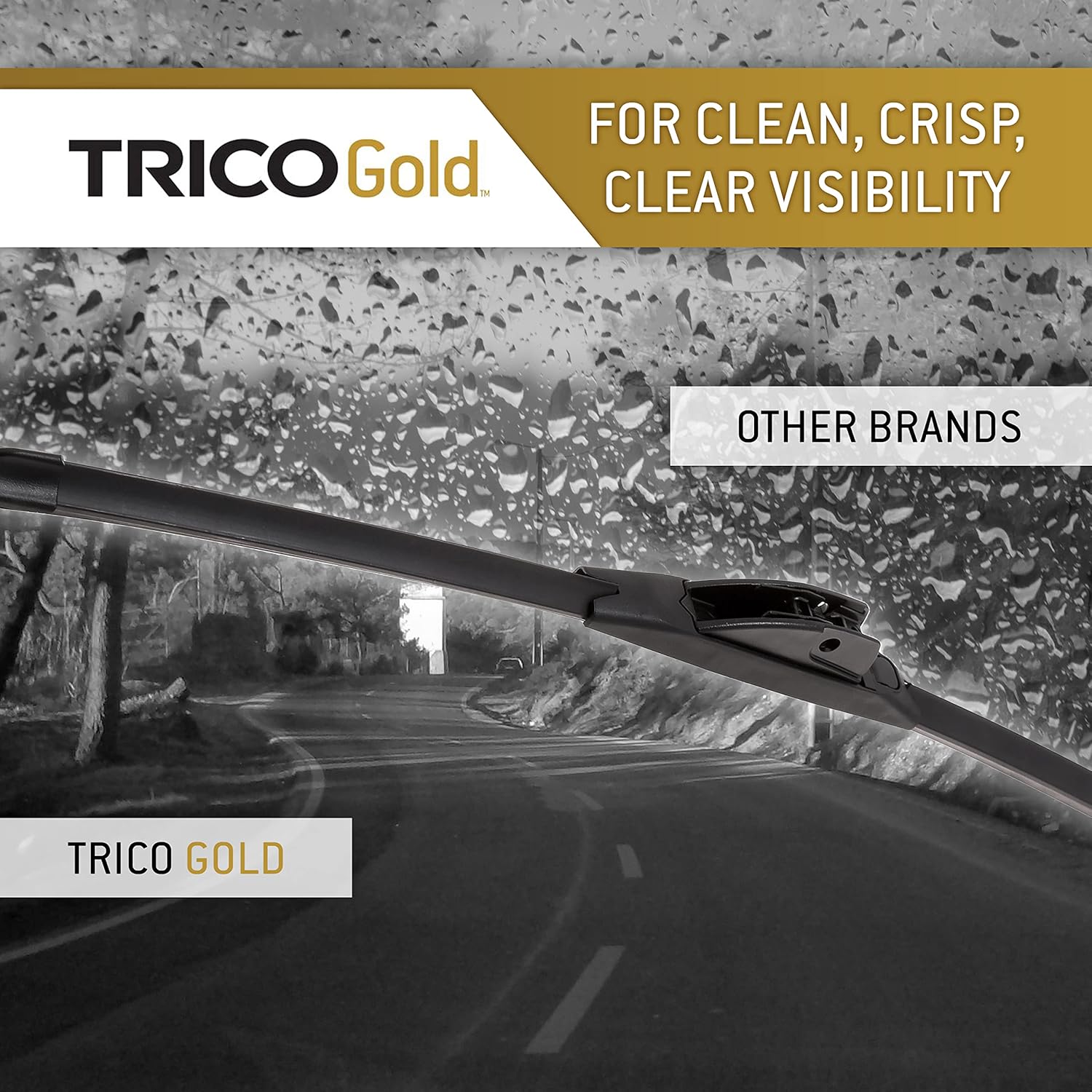 Demonstrates the superior performance of TRICO Gold wipers compared to other brands in providing clear visibility during rainy conditions.