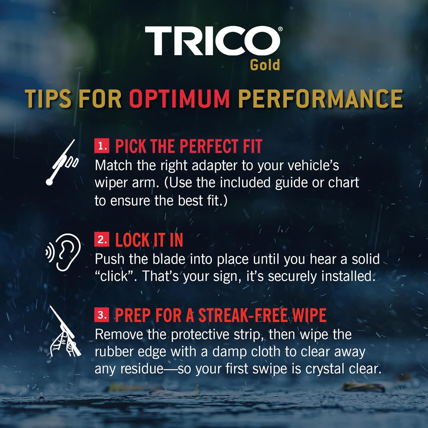 Provides step-by-step instructions for properly installing and preparing TRICO Gold wiper blades for optimal performance.