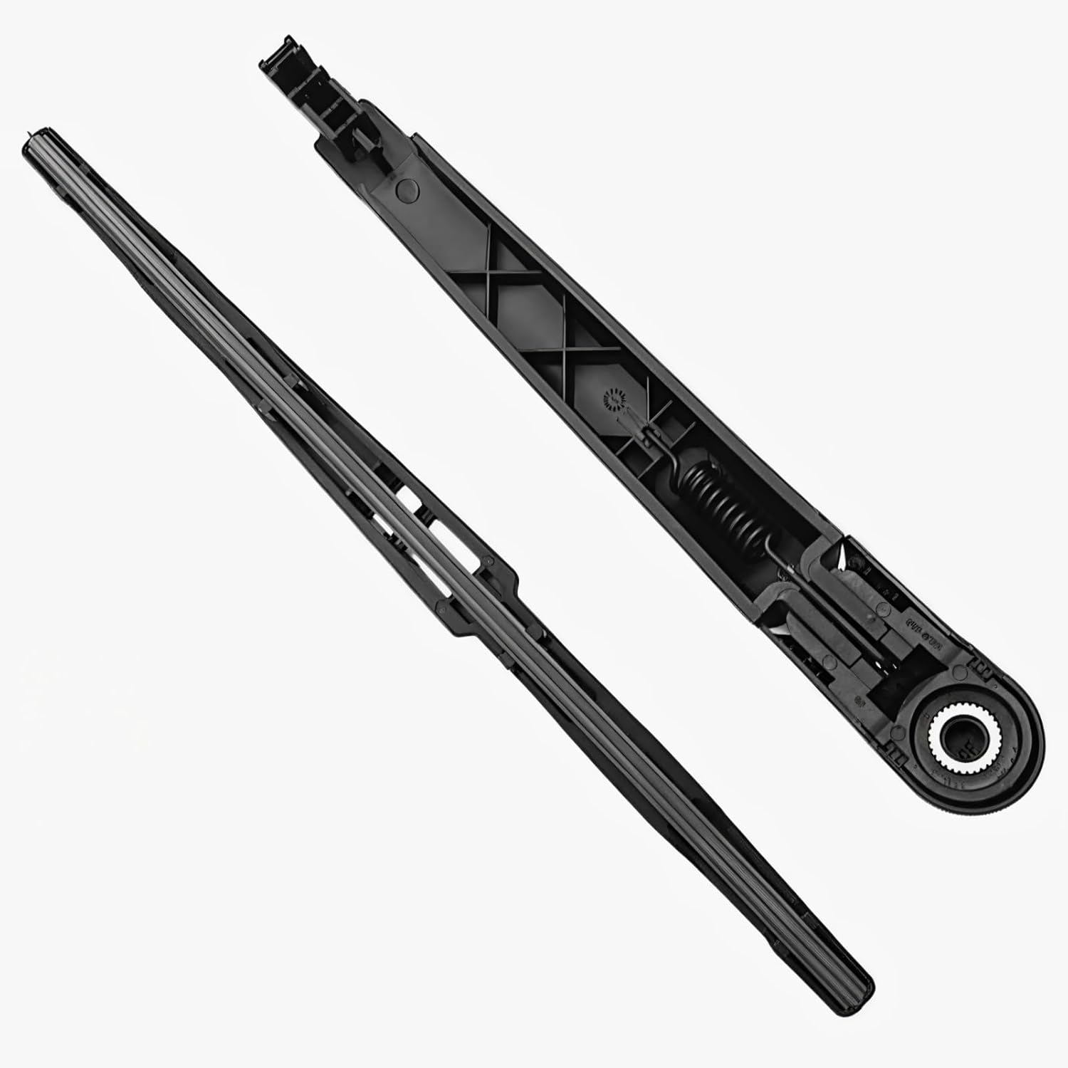 Showcases the internal design and mechanical components of the windshield wiper arm, highlighting its construction and functionality.
