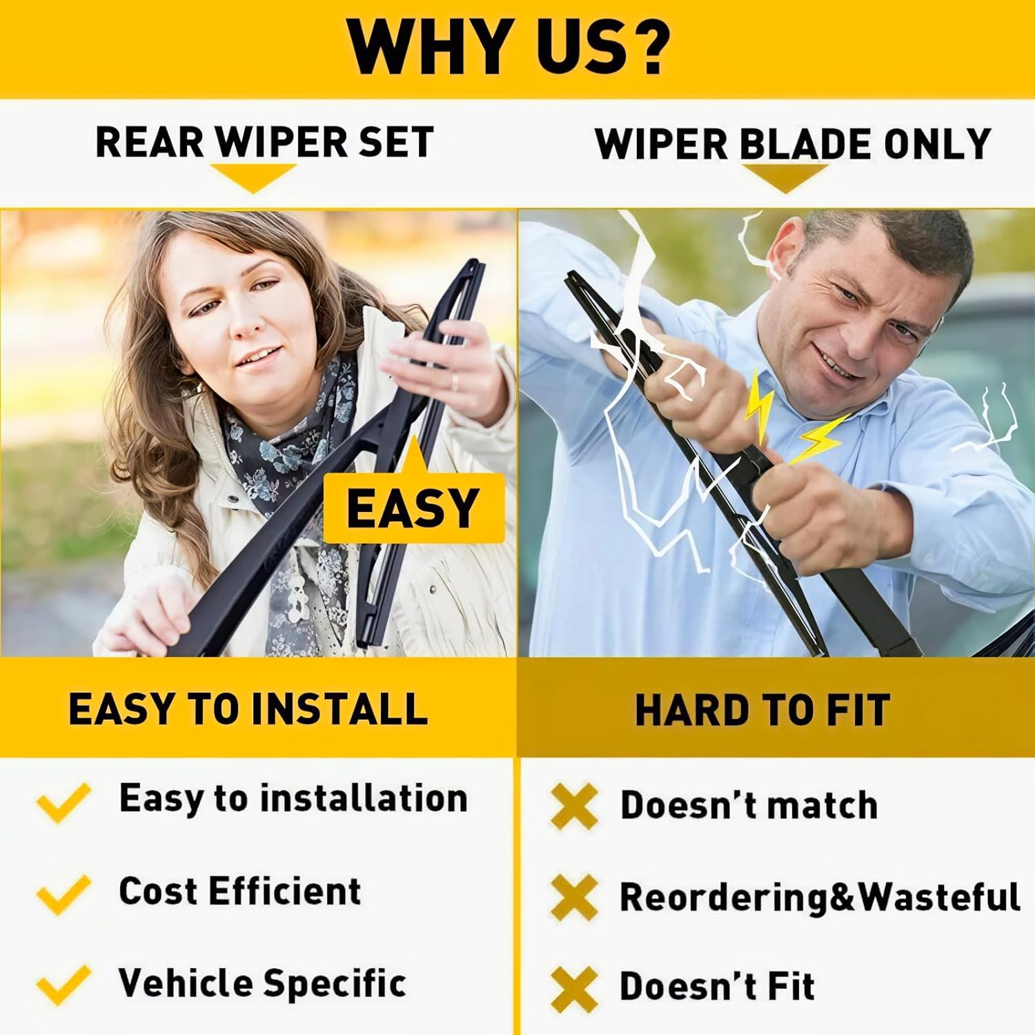 Demonstrates the superiority of the rear wiper set over a standalone wiper blade, highlighting ease of installation and better fit.