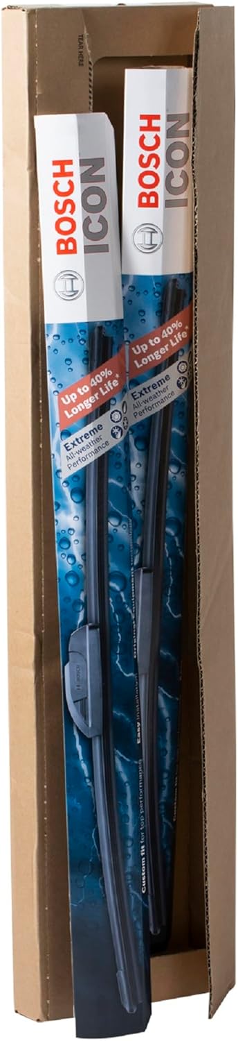 Shows the complete set of Bosch ICON windshield wiper blades included in the package, emphasizing the product contents.