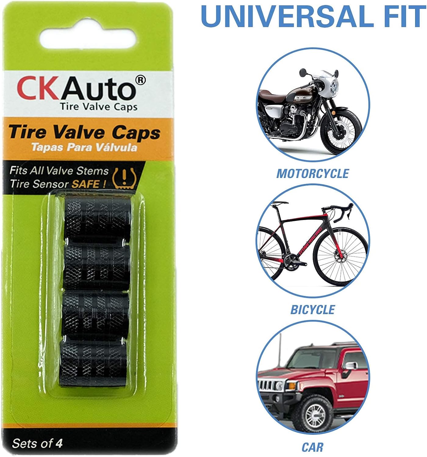Demonstrates that the tire valve caps are compatible with multiple vehicle types, including motorcycles, bicycles, and cars.