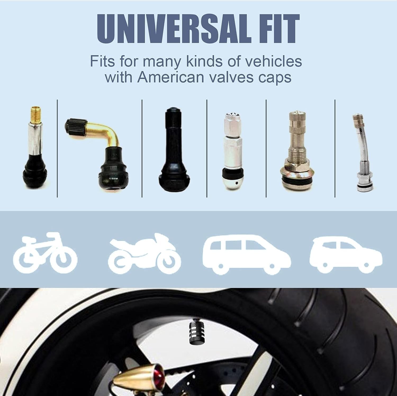 Demonstrates the product's compatibility with various vehicle types and American valve caps, reassuring customers about its versatility and proper fit.