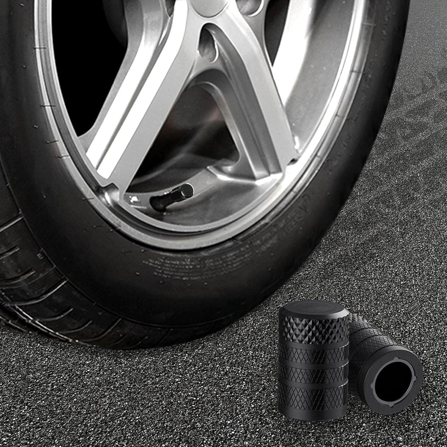 Highlights the product's tire valve caps and their easy installation on car wheels, emphasizing their functionality and compatibility.