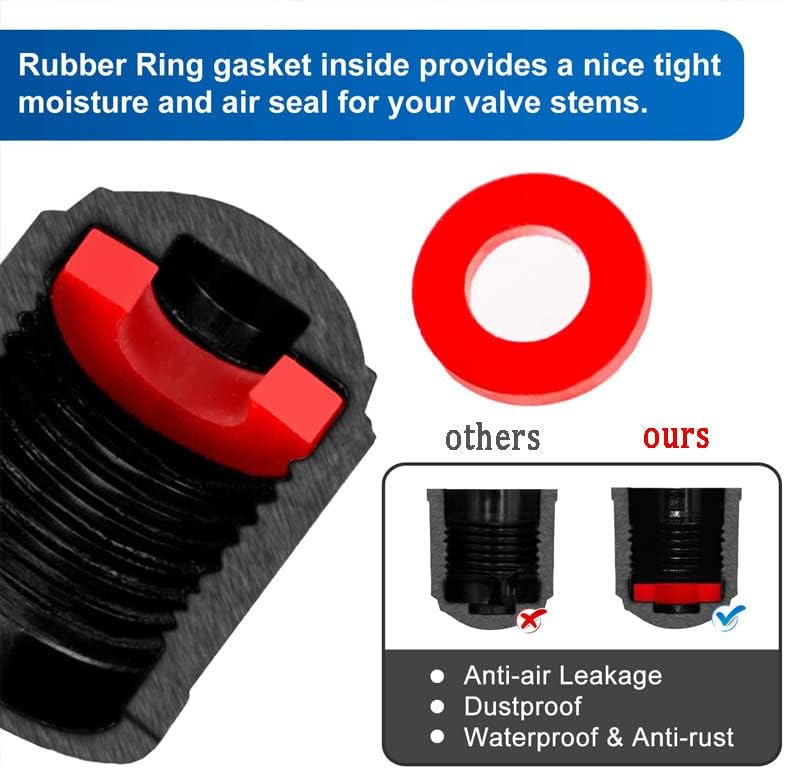 The Upgraded Version has a Sealing Ring Tire Valve Stem Caps (12pcs Black): Infographics