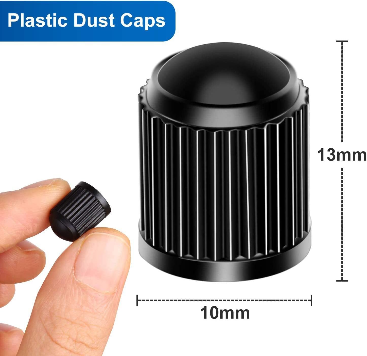 Provides precise measurements of the plastic dust caps to ensure customers select the correct size for their needs.