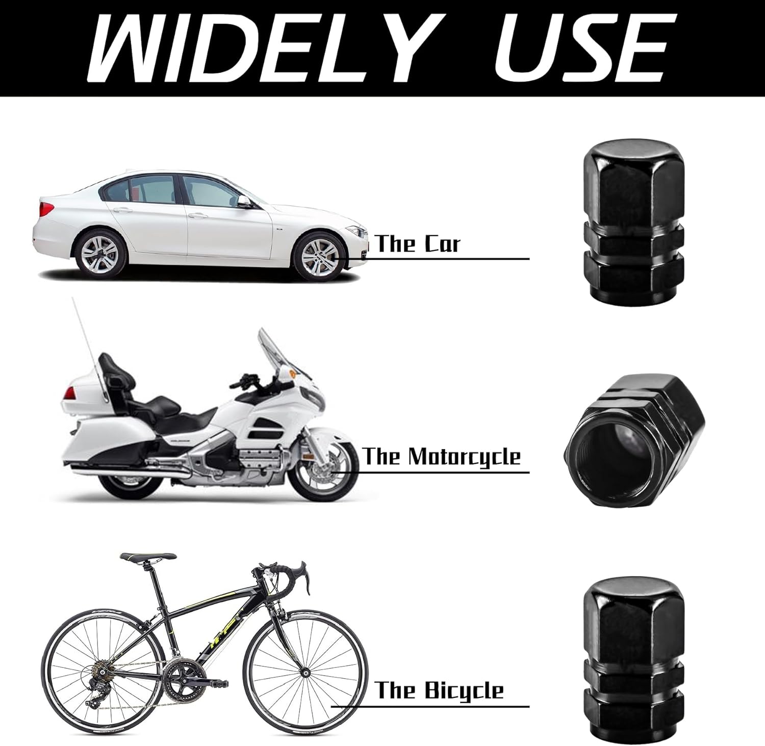 Shows that the product (likely valve caps) can be used on multiple types of vehicles including cars, motorcycles, and bicycles.