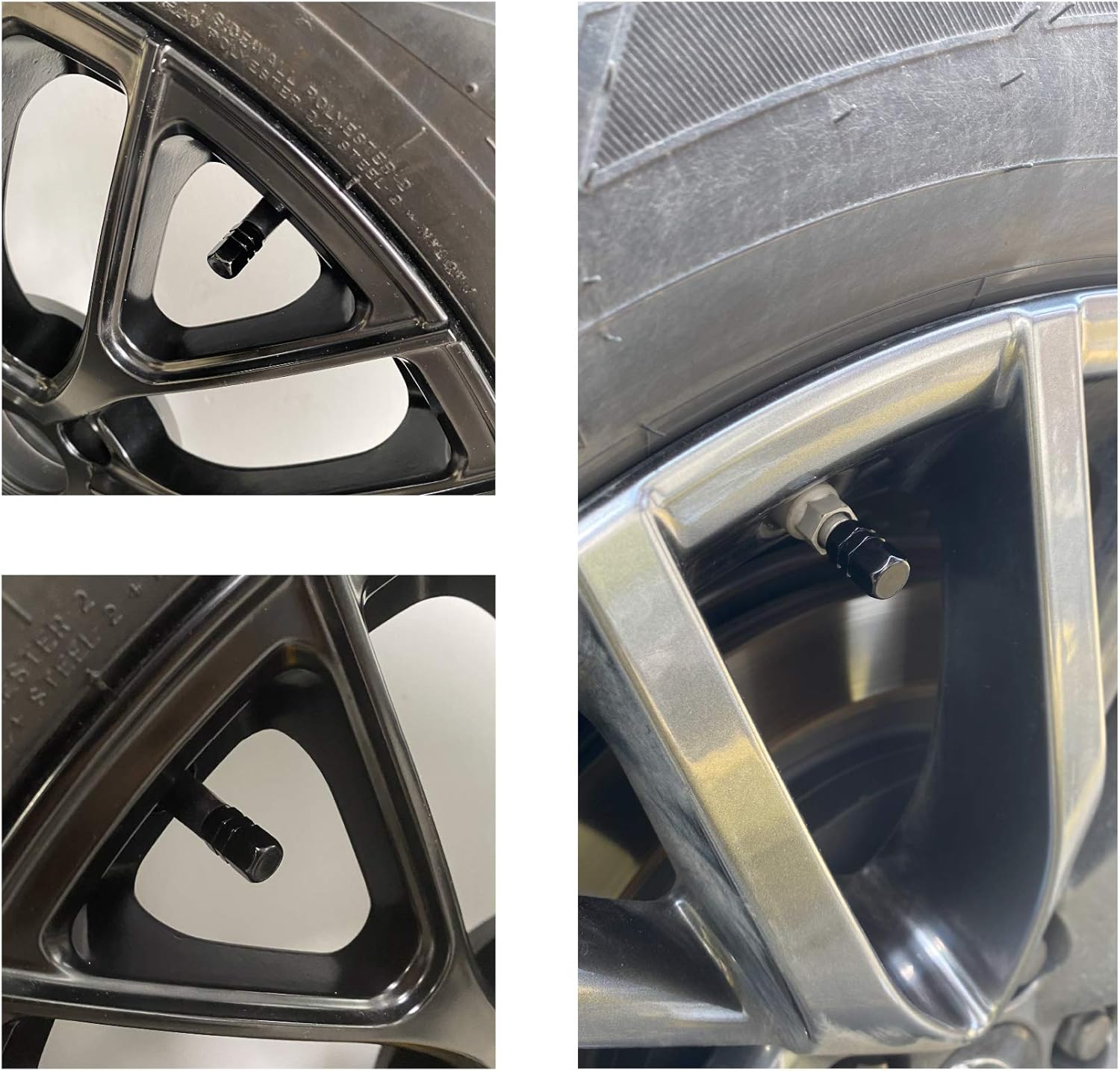 Highlights the location and design of the tire valve stem, demonstrating its integration with the wheel rim.