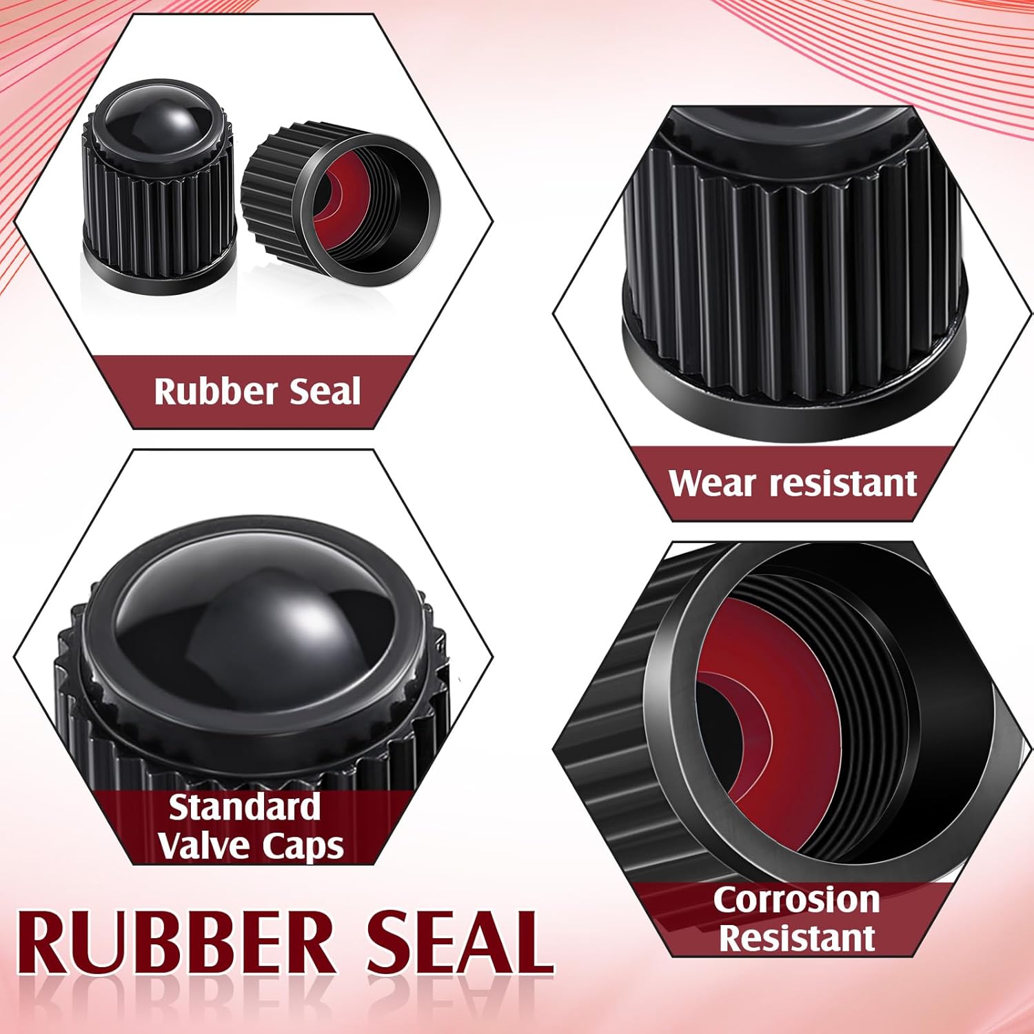 Highlights multiple features of the rubber seal valve caps to demonstrate their durability and effectiveness.