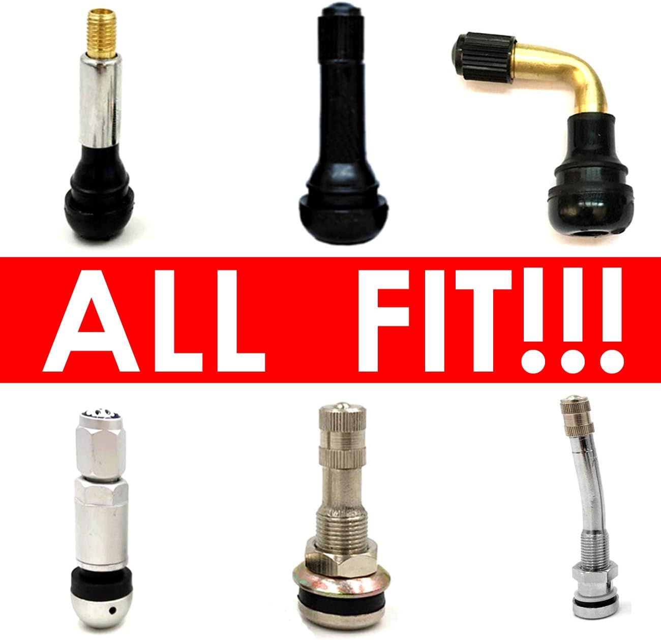 Shows the variety of tire valve stems included, demonstrating compatibility with different tire types or preferences.