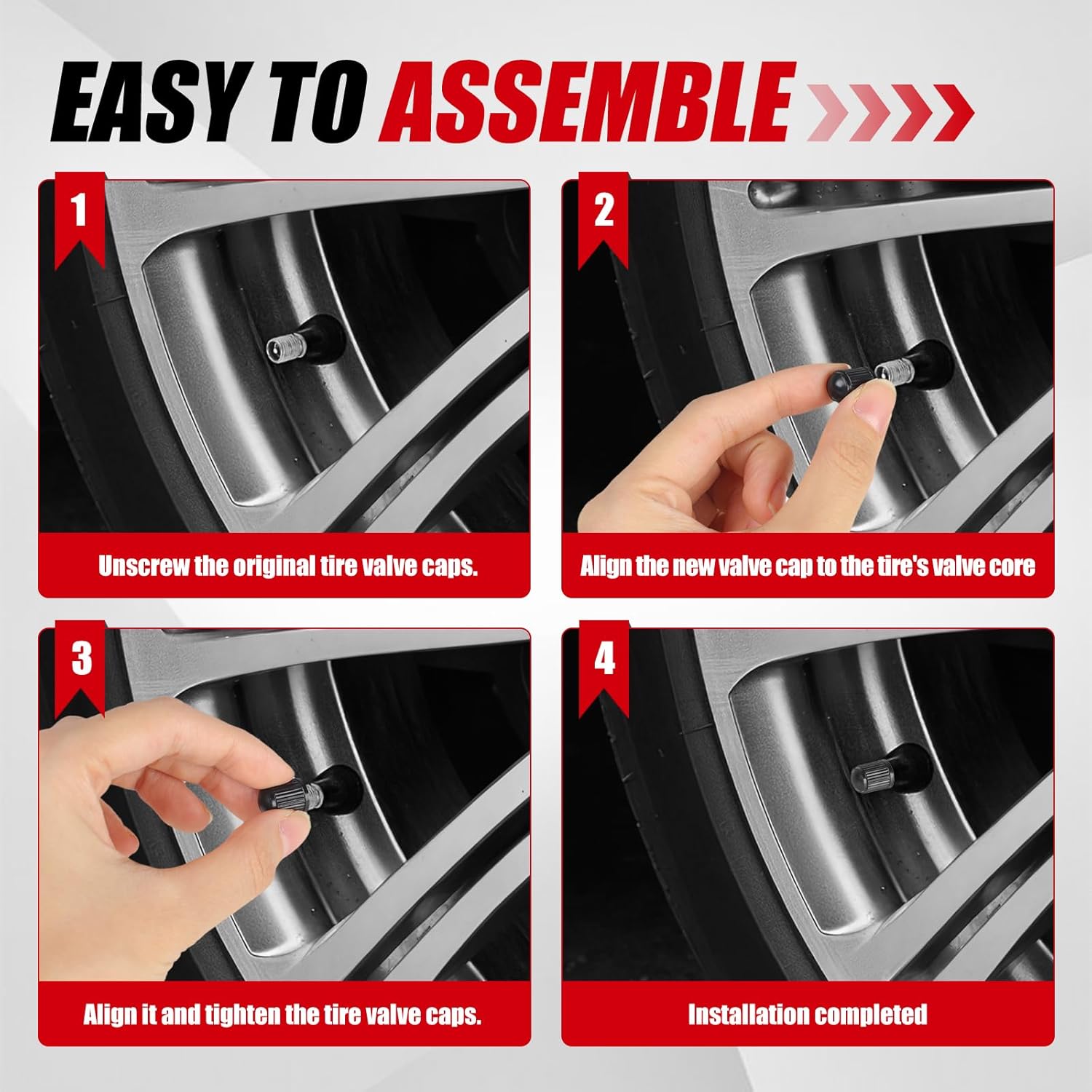 Demonstrates the simple 4-step process to install new tire valve caps, reassuring customers about the ease of use.