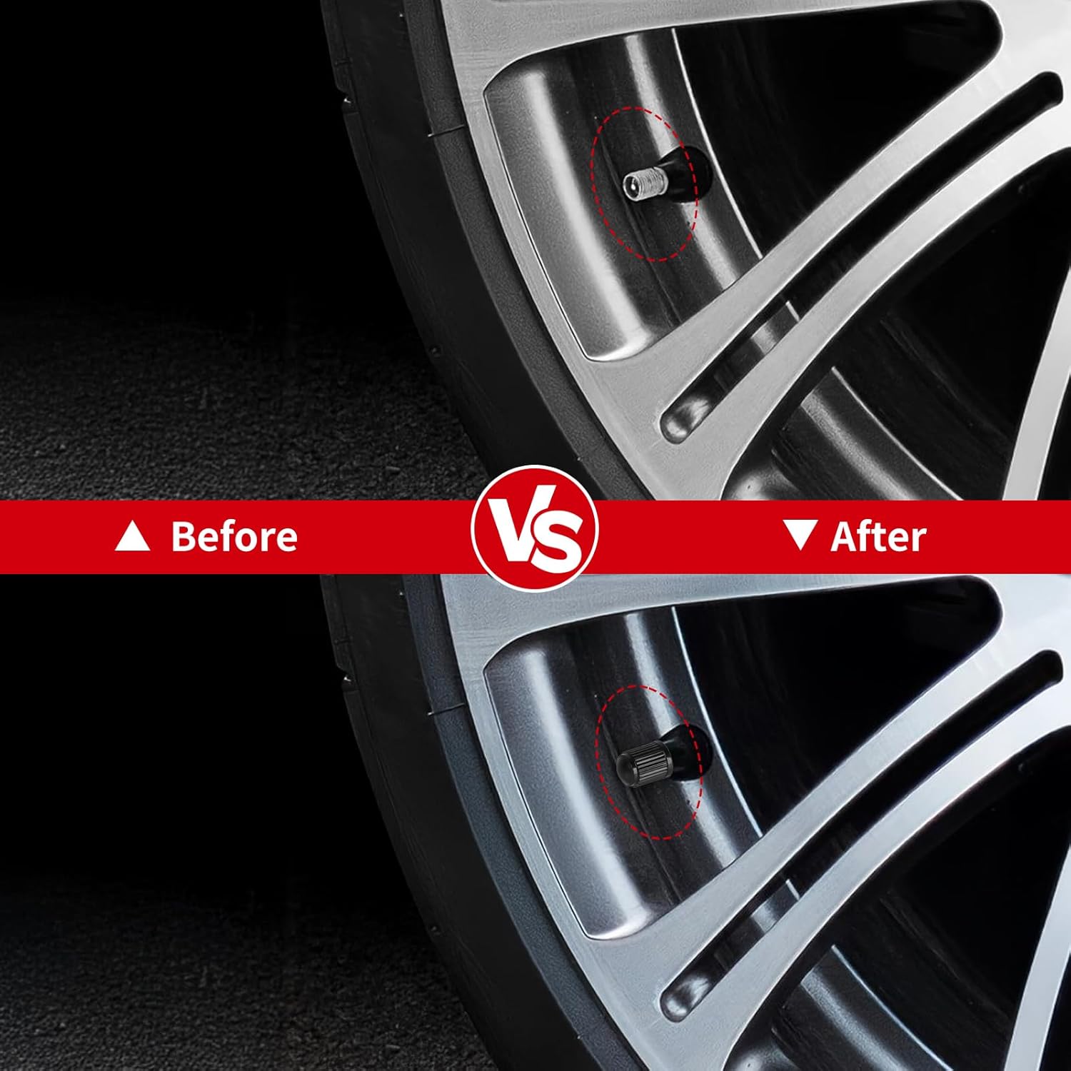 Demonstrates the improvement in appearance and functionality of the tire valve stem by replacing the old cap with a new one.