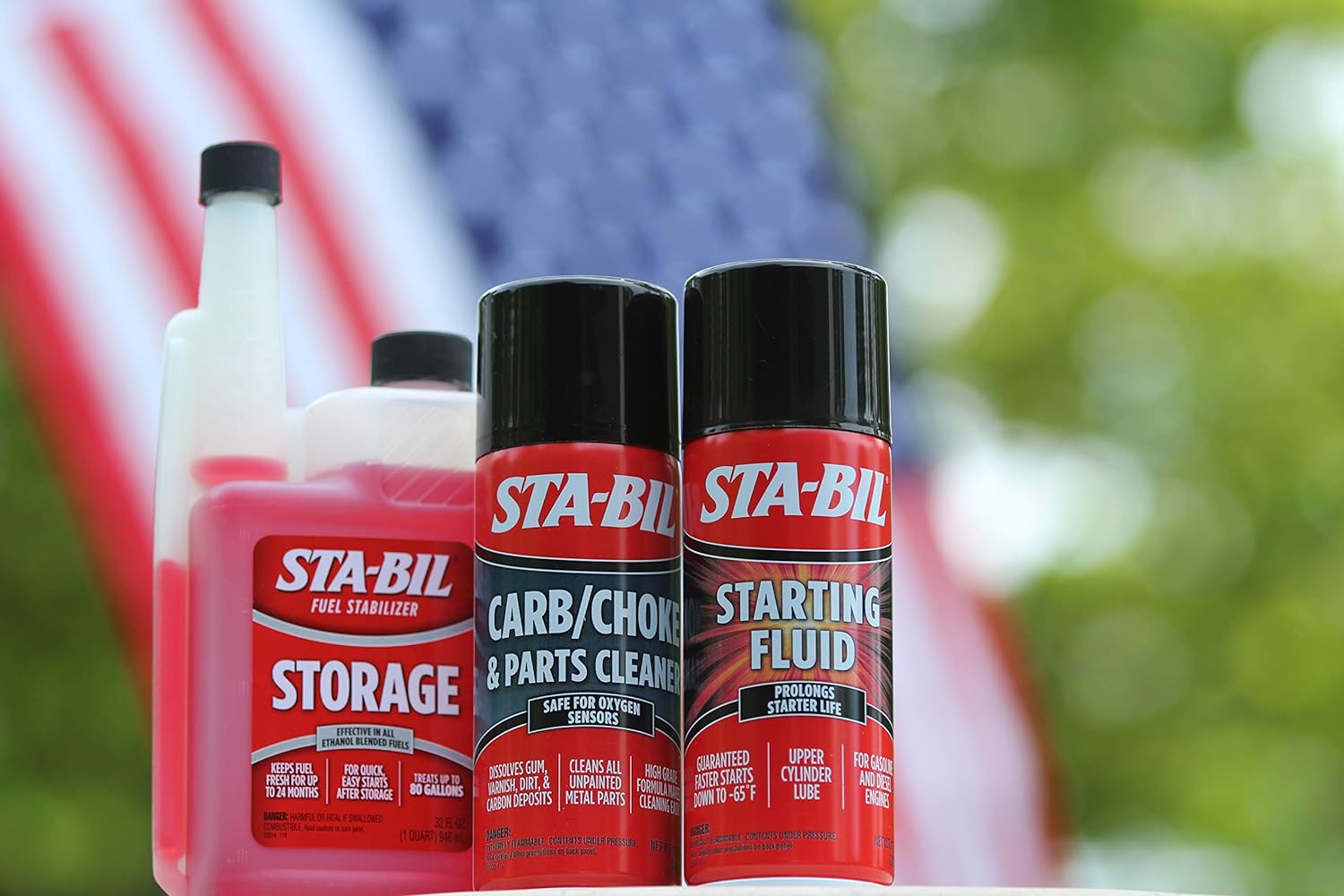 Showcases the range of STA-BIL products available for different automotive maintenance needs, emphasizing the brand's comprehensive solutions.