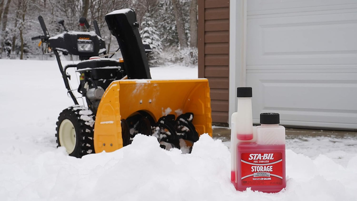Demonstrates the use of STA-BIL fuel stabilizer for storing winter equipment like snow blowers during off-season. Associates the product with winter maintenance tasks, showing its relevance for…