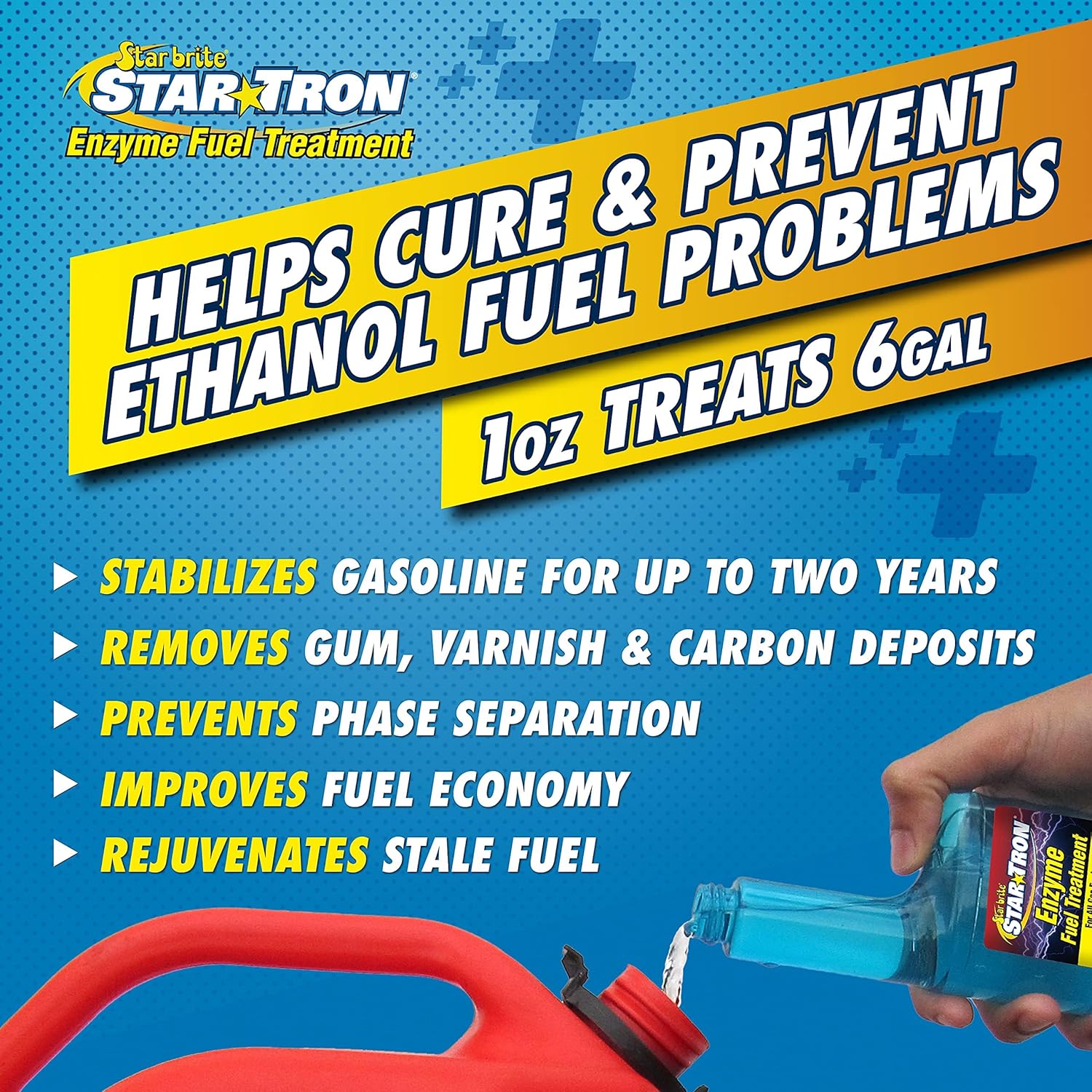 Highlights multiple benefits of the fuel treatment product to address common fuel-related issues and improve engine performance.