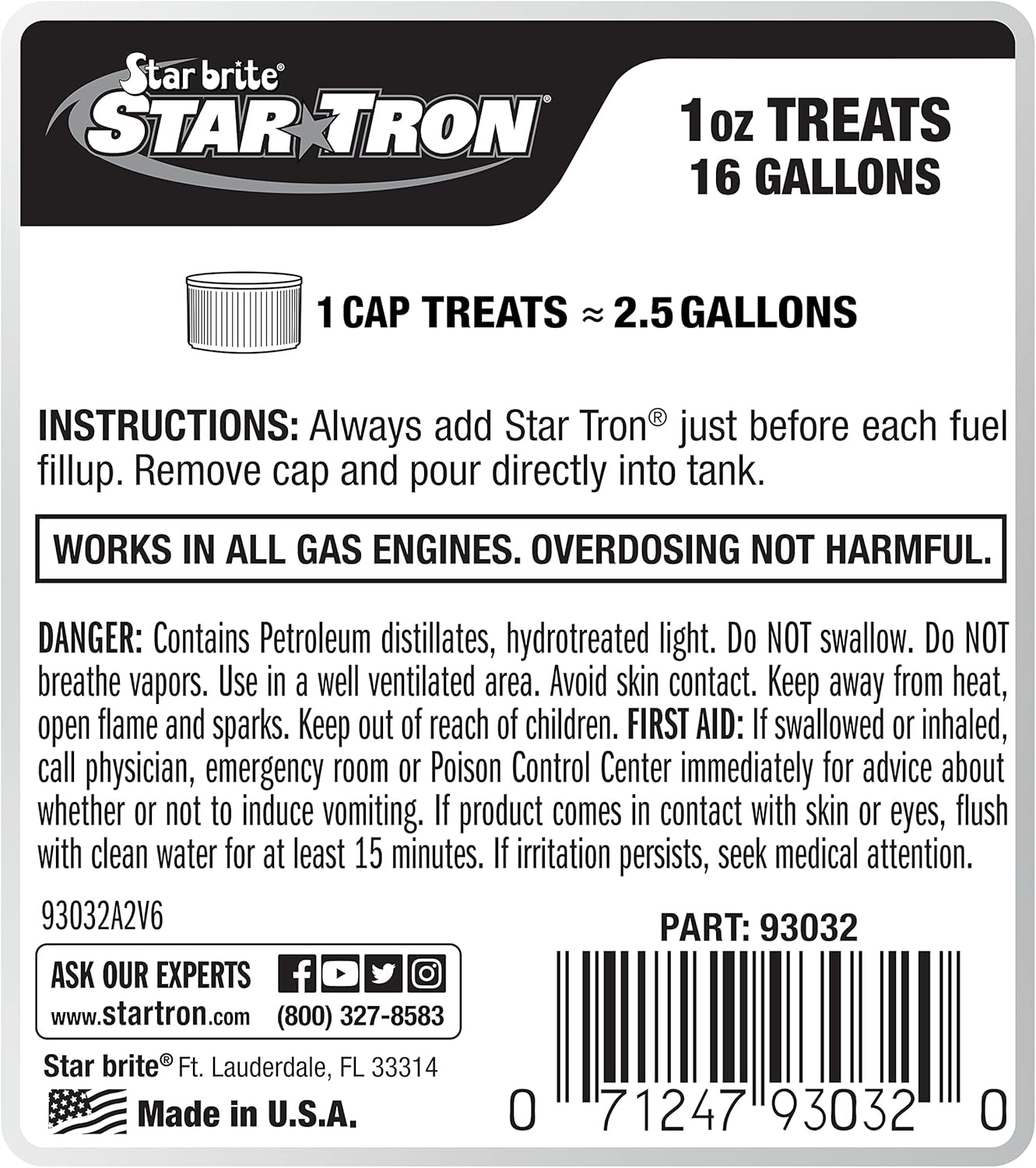 Provides clear instructions on how to use the Star Tron product, including dosage and application method. Informs customers about the product's compatibility with all gas engines and provides…