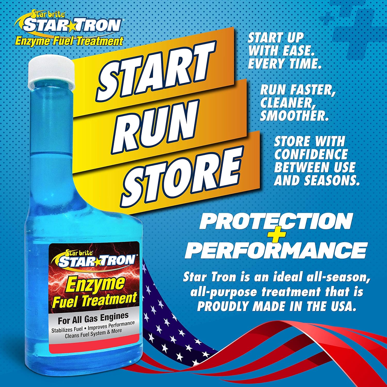 Highlights multiple benefits of the fuel treatment product, emphasizing its ability to improve engine starting, running, and storage. Reinforces brand identity and product origin, emphasizing it's…