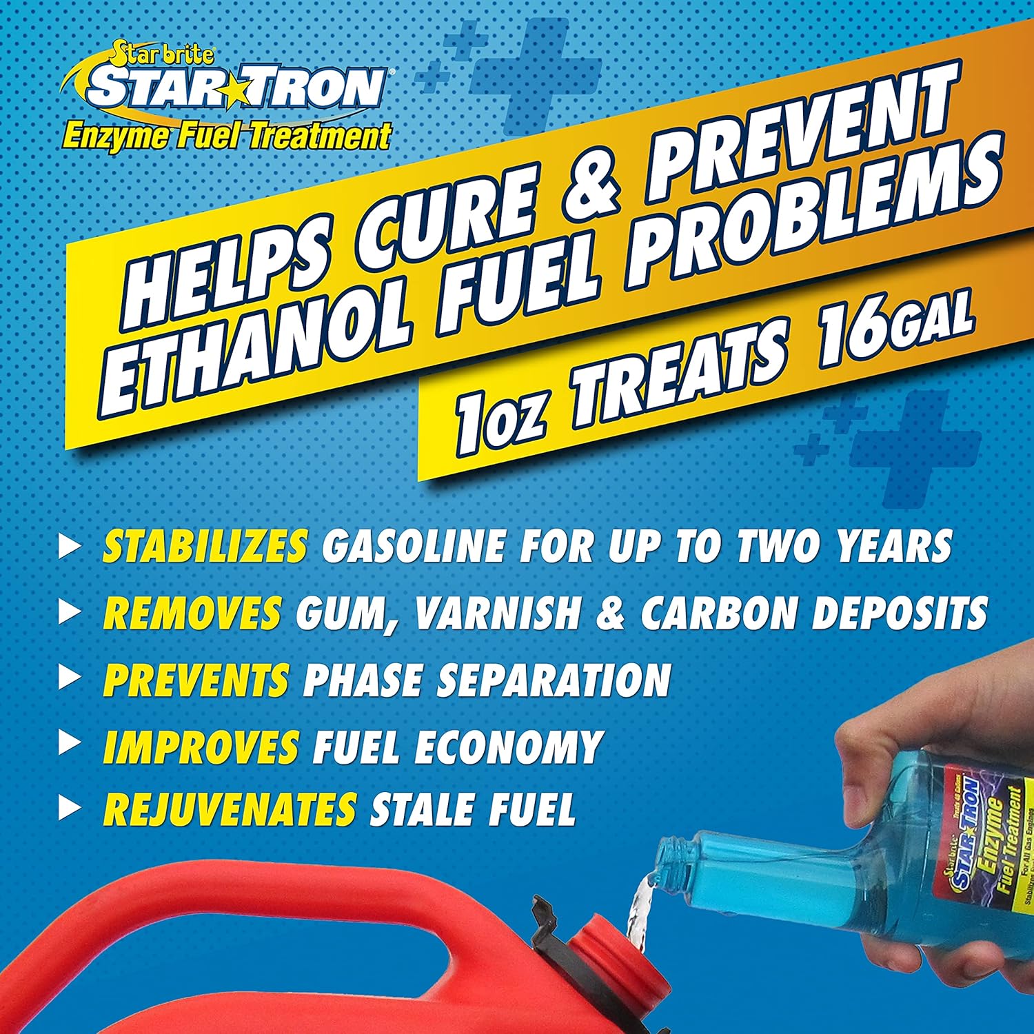 Highlights multiple benefits of the fuel treatment product to address common fuel issues and improve engine performance.