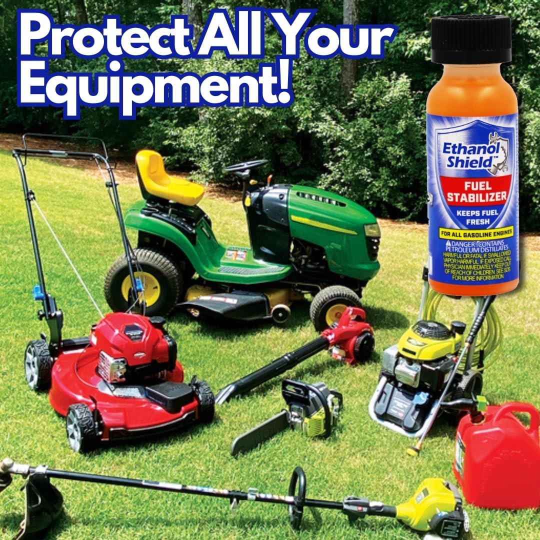 Demonstrates the wide range of lawn and garden equipment that can be protected by using the Ethanol Shield fuel stabilizer product.