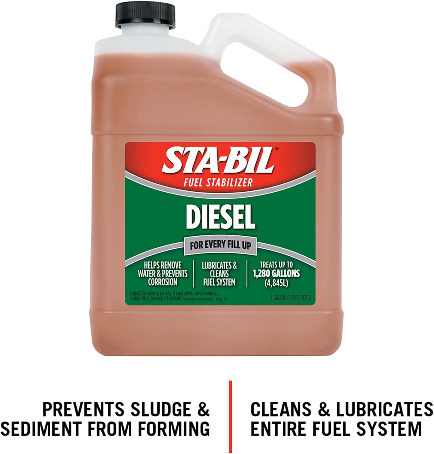 Highlights multiple benefits of the diesel fuel stabilizer, emphasizing its ability to prevent sludge formation and clean the entire fuel system.