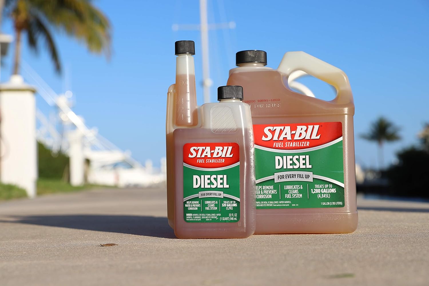 Shows the product in a boating context to emphasize its relevance for marine diesel engines. Displays different bottle sizes available to cater to various consumer needs.