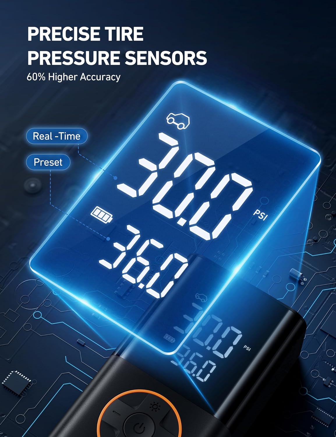 Highlights the product's high accuracy in measuring tire pressure, emphasizing its 60% higher accuracy compared to alternatives. Provides a quantifiable benefit to the customer, showcasing the…
