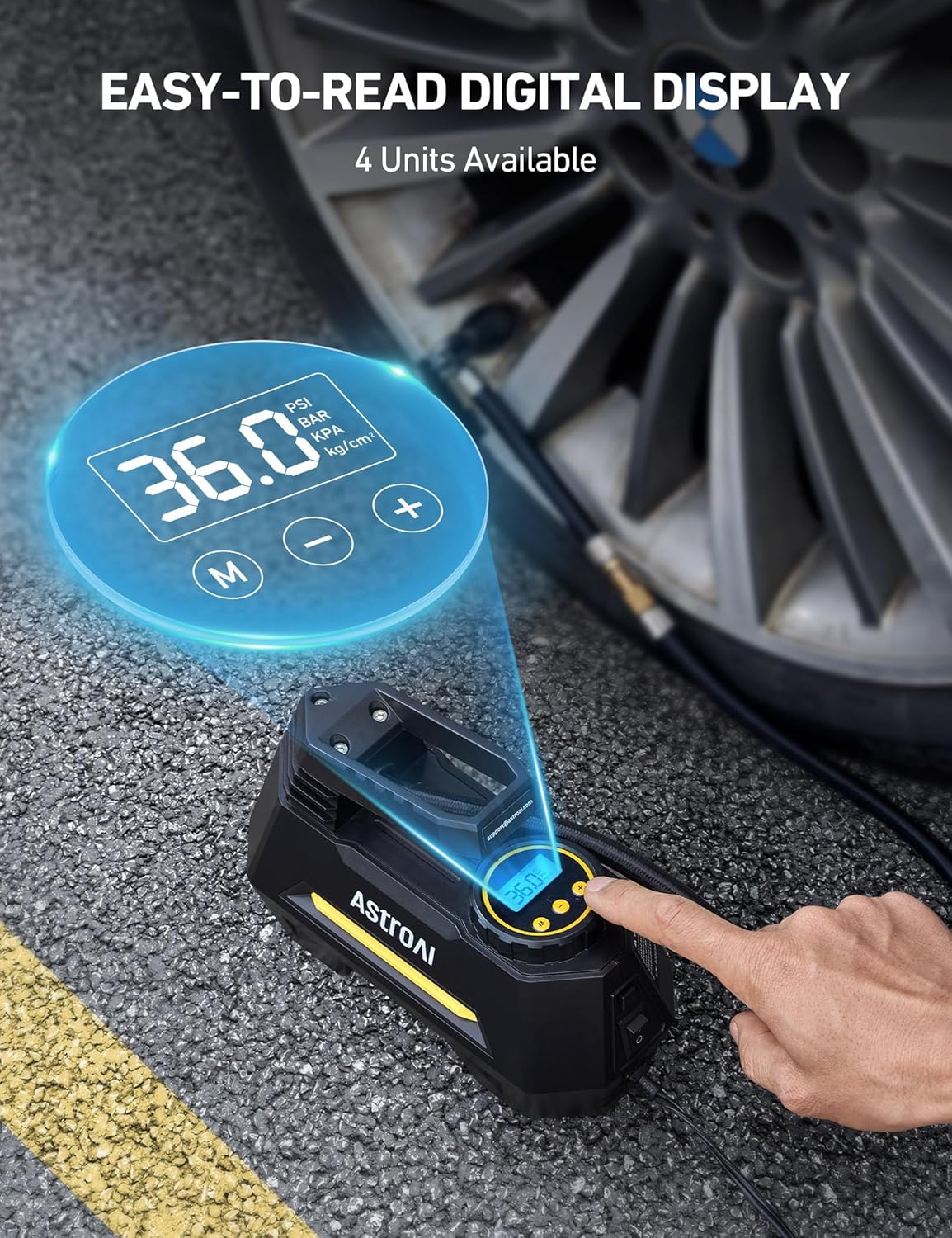 Highlights the product's clear digital readout to emphasize ease of use and precision when checking tire pressure.