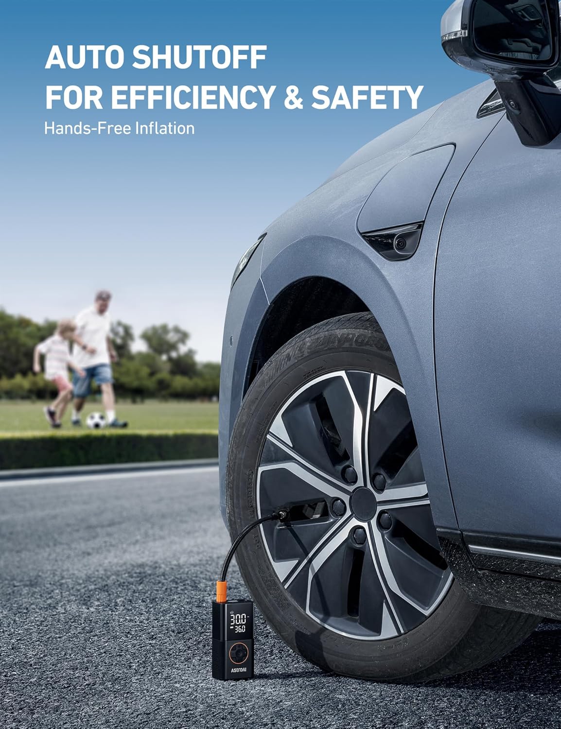 Highlights the product's auto shutoff feature for efficient and safe tire inflation, emphasizing the hands-free operation.