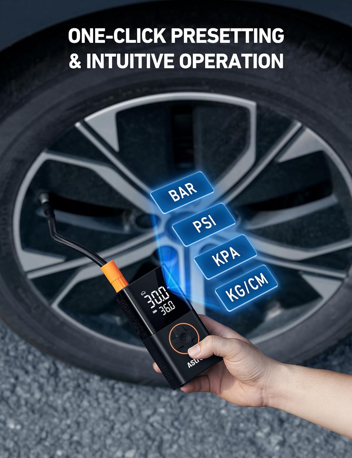 Highlights the ease of use and quick setup of the tire pressure gauge, emphasizing its user-friendly interface.