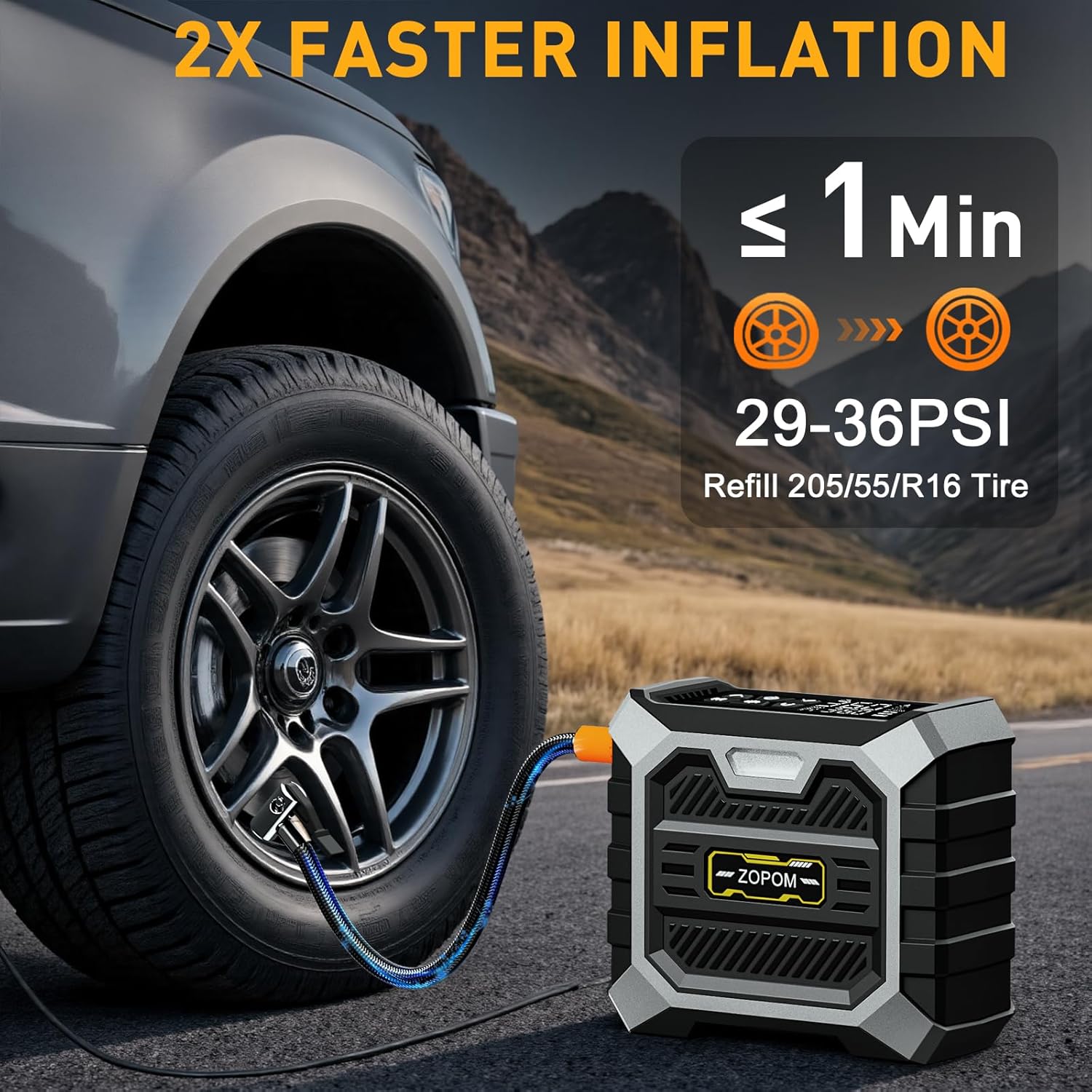 Highlights the product's ability to quickly inflate tires, emphasizing its efficiency and time-saving benefit for users. Focuses on the key feature of fast tire inflation, demonstrating how quickly…