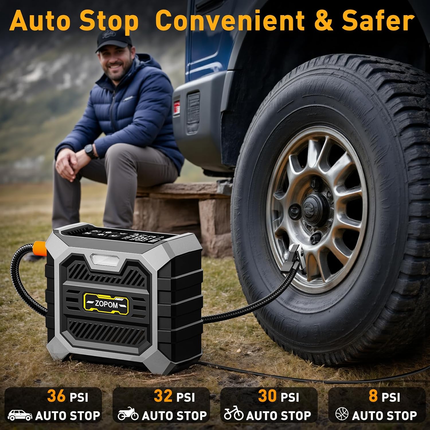Highlights the convenience and safety of the product's auto stop feature for different vehicle types.