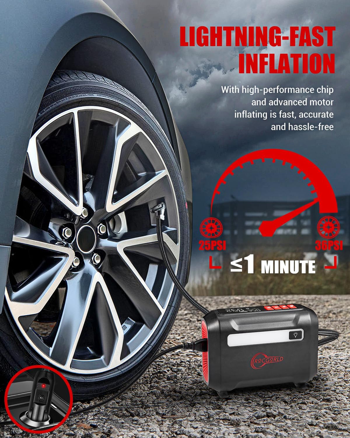 Highlights the product's ability to quickly inflate tires, emphasizing speed and efficiency to appeal to customers looking for a convenient tire inflation solution.