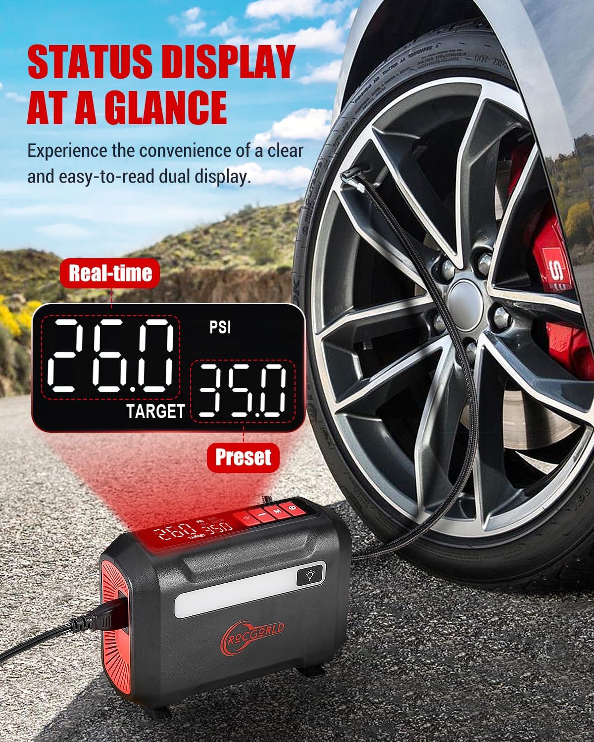 Highlights the product's clear and easy-to-read dual display feature for convenient tire pressure monitoring.