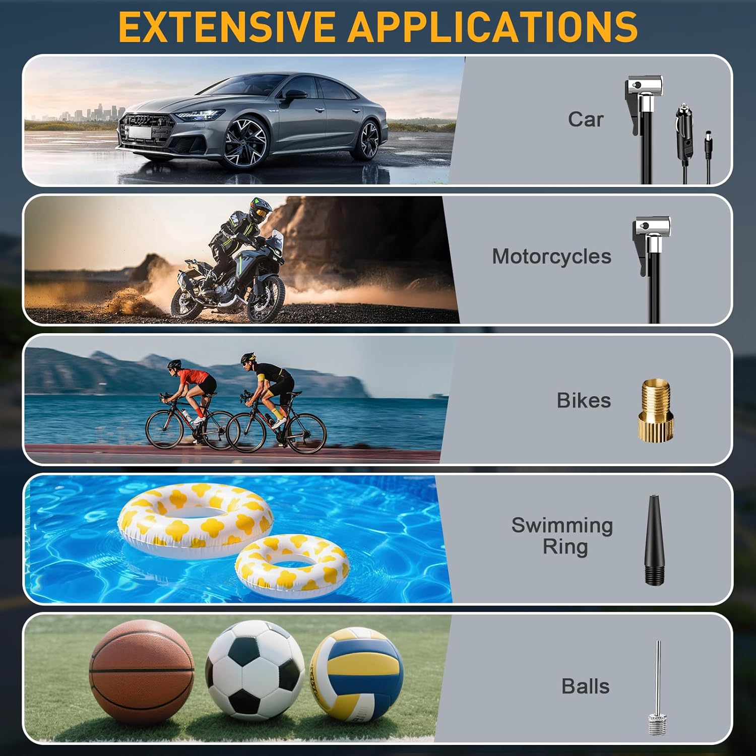 Demonstrates the wide range of applications for the product across different vehicles and activities, showcasing its versatility.